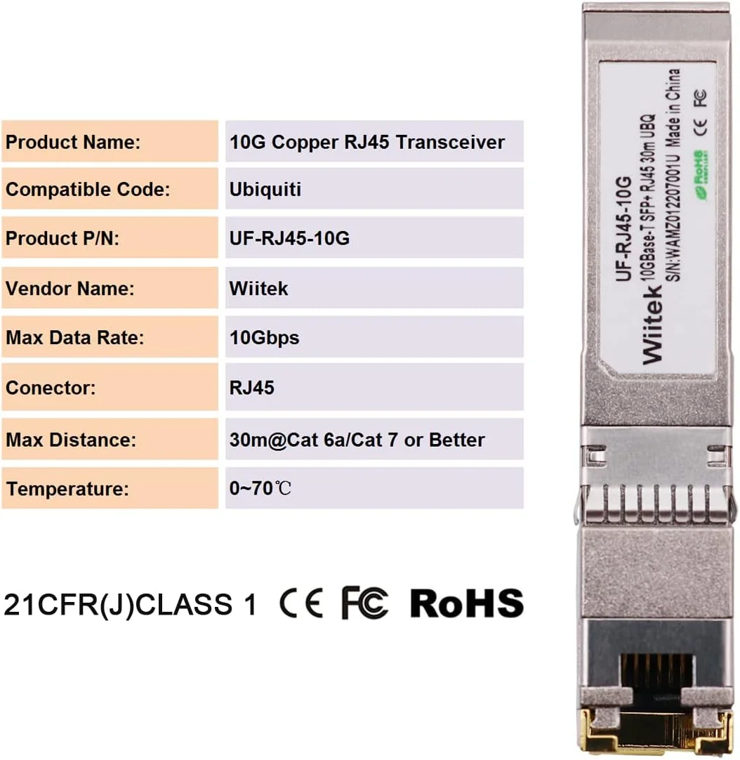 ماژول‌های مسی 10G SFP+ به RJ45، فرستنده و گیرنده اترنت مسی به SFP+ 1.25G/2.5G/5G/10GBase-T سازگار با Ubiquiti Unifi UF-RJ45-10G /uacc-cm-rj45-mg (Cat 6a/7 یا بهتر، 30 متر)