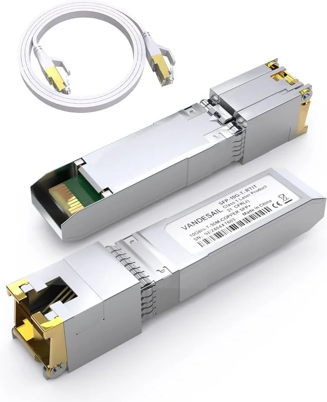 فرستنده و گیرنده VANDESAIL 10GBase-T SFP+ به RJ45، ماژول 10G SFP+، آداپتور اترنت 10 گیگابایتی برای سیسکو، یوبیکویتی، میکروتیک، Fortinet، نت گیر، دی-لینک، سوپرمیکرو، تی پی-لینک (همراه با کابل 1 متری/3 فوتی Cat8)
