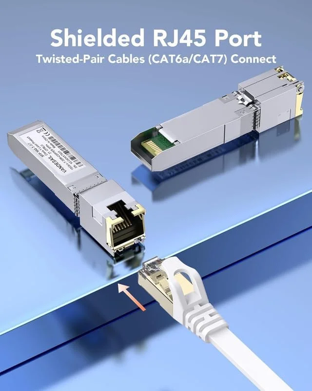 فرستنده و گیرنده VANDESAIL 10GBase-T SFP+ به RJ45، ماژول 10G SFP+، آداپتور اترنت 10 گیگابایتی برای سیسکو، یوبیکویتی، میکروتیک، Fortinet، نت گیر، دی-لینک، سوپرمیکرو، تی پی-لینک (همراه با کابل 1 متری/3 فوتی Cat8)