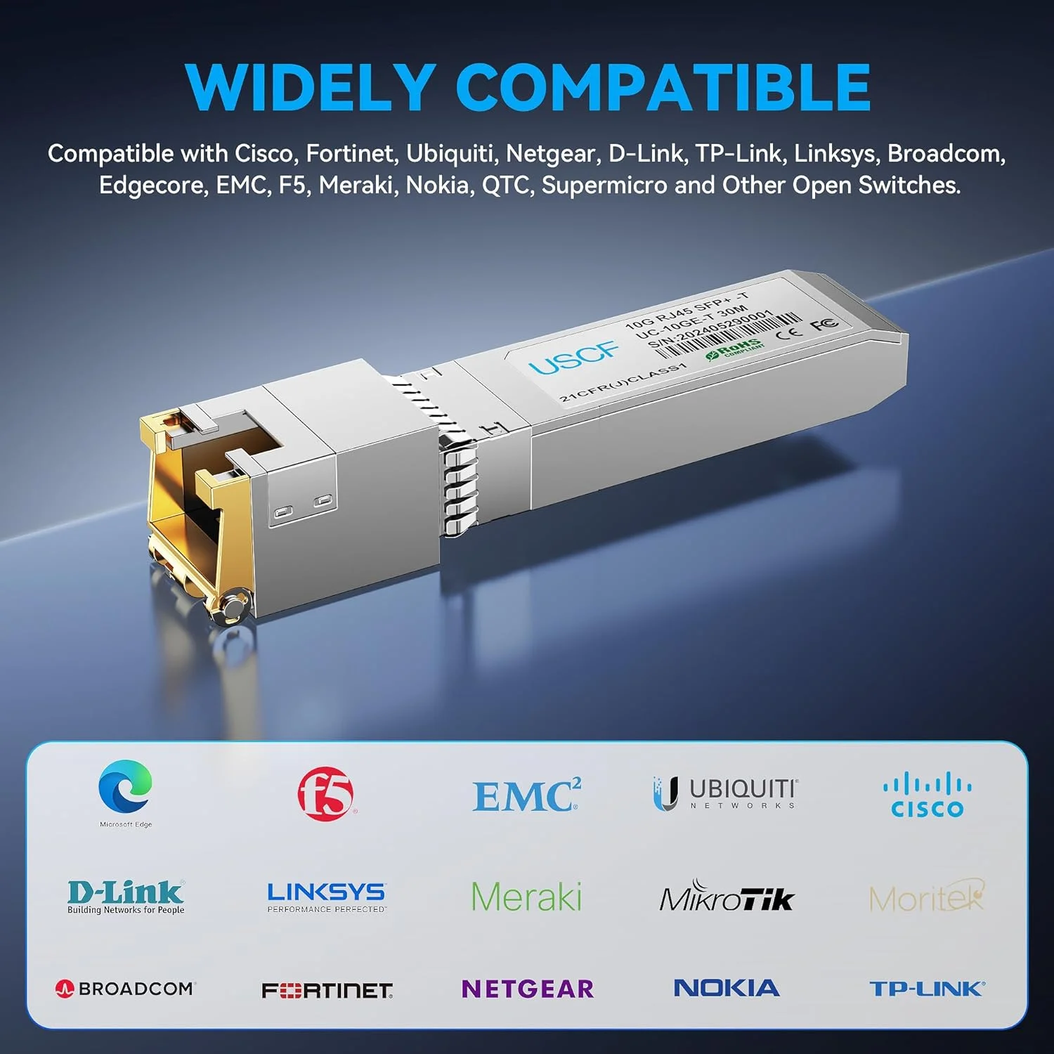 فرستنده و گیرنده 10Gb SFP+ RJ45، ماژول اترنت مسی 10GBase-T SFP+، پشتیبانی از سرعت های 10G/5G/2.5G/1G، سازگار با سیسکو، یوبیکیوتی، یونی‌فای، مراکی، میکروتیک، سوپرمیکرو، تا 30 متر