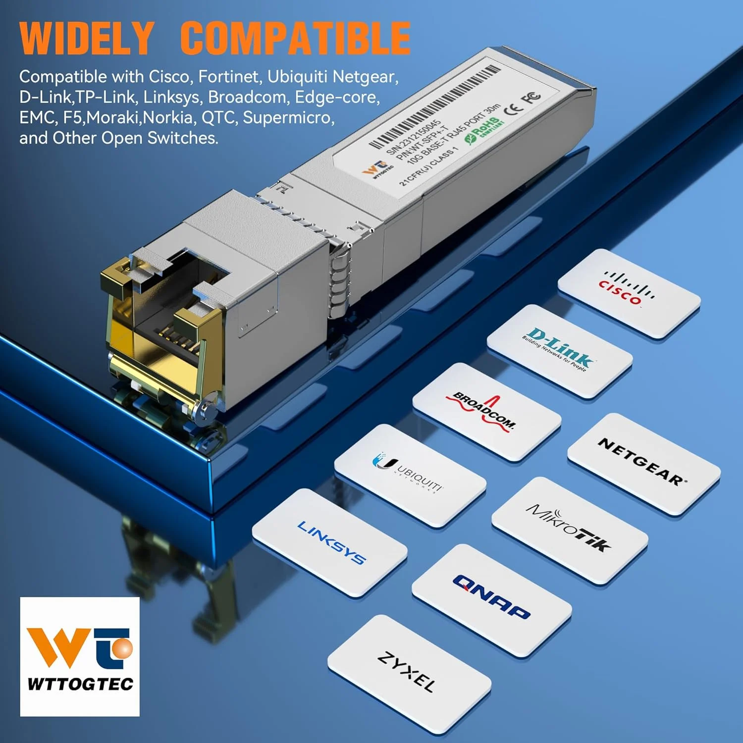 فرستنده و گیرنده 10G SFP+ به RJ-45، ماژول مسی SFP+ CAT6a با سرعت 1.25/2.5/5/10G-T، مذاکره خودکار، تا 30 متر، برای سیسکو، مراکی، تی‌پی-لینک، میکروتیک، نت‌گیر و غیره