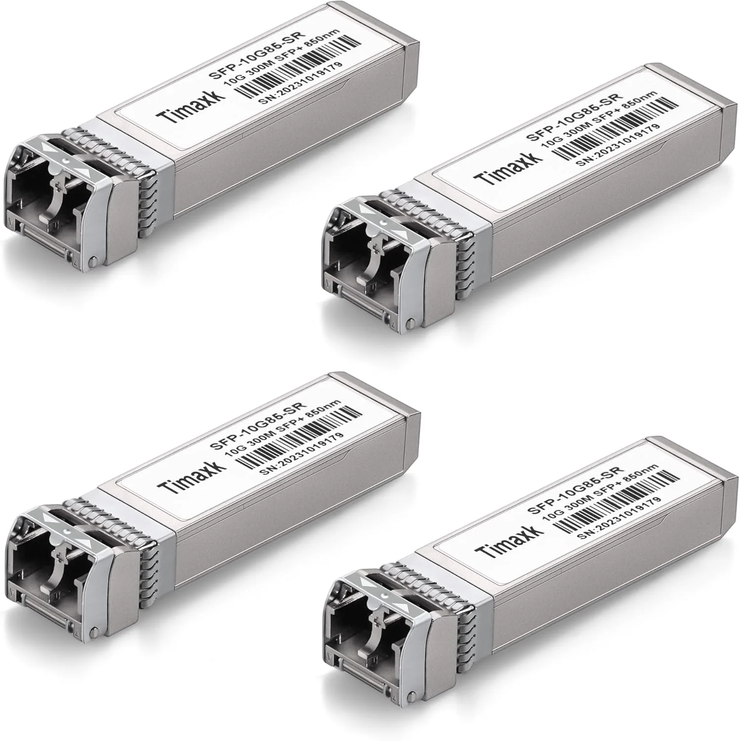 فرستنده و گیرنده فیبر نوری Timaxk 4Pack 10GBase-SR SFP+، ماژول فیبر چند حالته LC، 10G 850nm MMF تا 300 متر، سازگار با سیسکو، یوبیکیوتی، میکروتیک، دی-لینک، نت گیر، کیونپ، لینکسیس و غیره