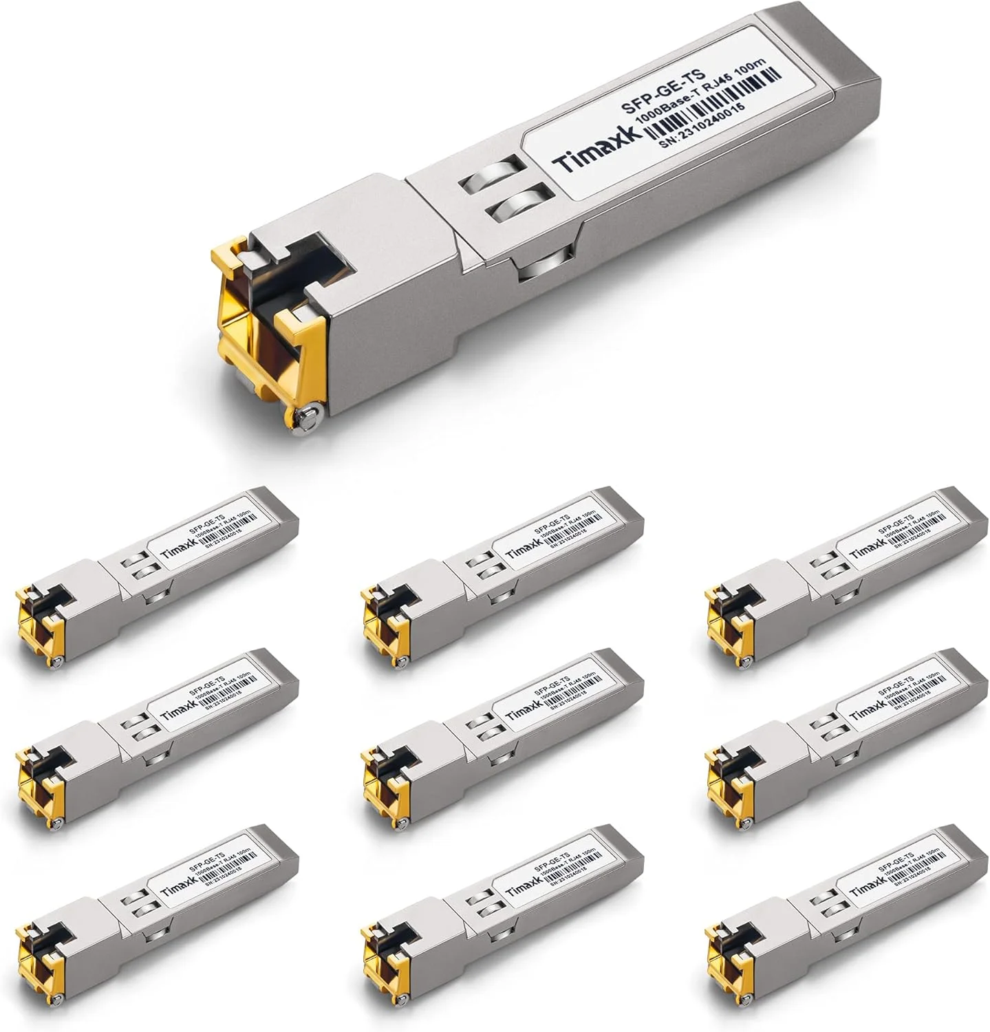 ماژول اترنت Timaxk 10Pack 1000BASE-T SFP به RJ45، فرستنده و گیرنده گیگابیتی SFP-T 1.25G تا 100 متر از طریق کابل Cat 5، سازگار با سیسکو، یوبیکیوتی، میکروتیک، دی-لینک، نت گیر، Qnap، لینکسیس و غیره