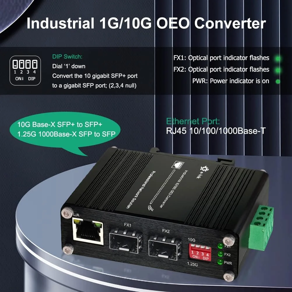 تکرار کننده شفاف صنعتی 10G SFP+ به SFP+ OEO Throncom با قابلیت نصب روی ریل DIN، تکرار کننده 3R 10G OEO، پشتیبانی از مبدل رسانه اترنت 10G SFP+ یا 1G SFP، ولتاژ 12-48V DC