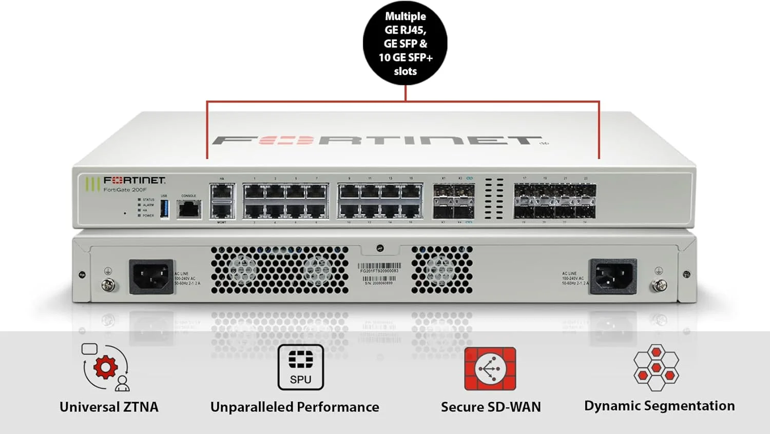 دستگاه فایروال FORTINET FortiGate-200F - دارای ۱۸ پورت GE RJ45، ۸ اسلات GE SFP و ۴ پورت 10GE SFP+ (فقط دستگاه، بدون اشتراک) (FG-200F)