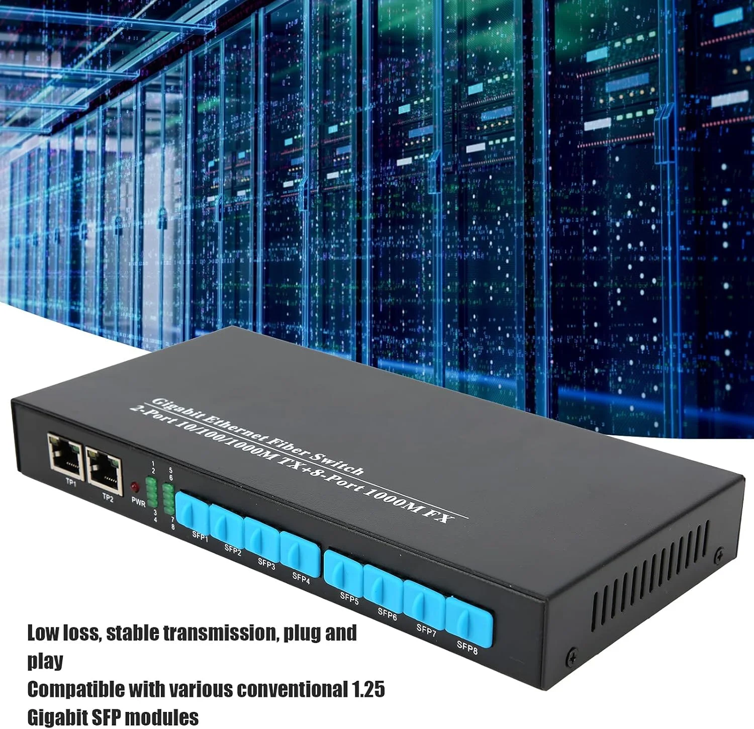 سوئیچ فیبر اترنت گیگابیتی 8F2G با فرستنده و گیرنده 1.25G و منبع تغذیه DC 5V/3A و سرعت 10/100/1000 مگابیت بر ثانیه