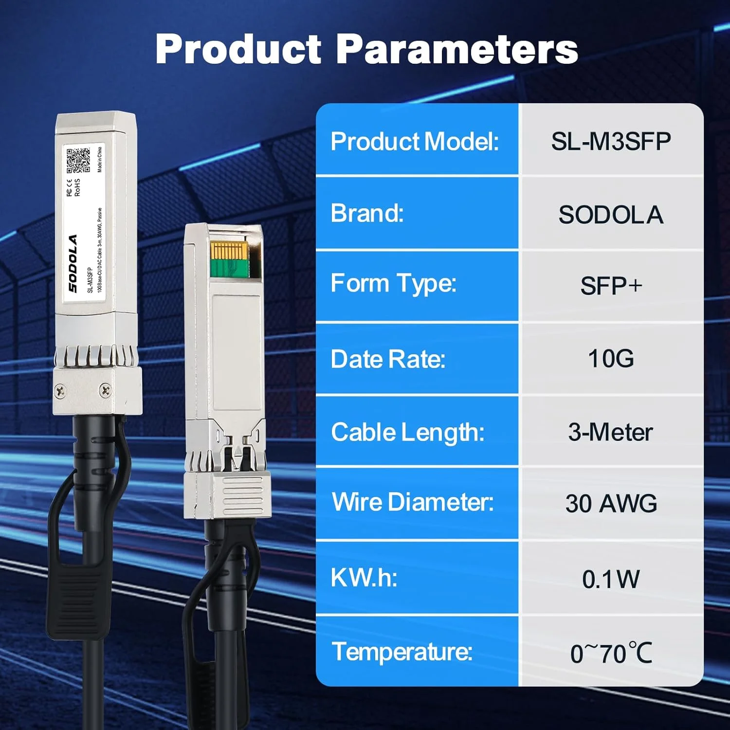 کابل داک SFP+ 10Gb سودولا، کابل مسی مستقیم Twinax پسیو SFP+ به SFP+ با سیم 30AWG، 3 متری (9.84 فوت) برای سیسکو، دی-لینک، نت گیر، میکروتیک و سایر سوئیچ های باز