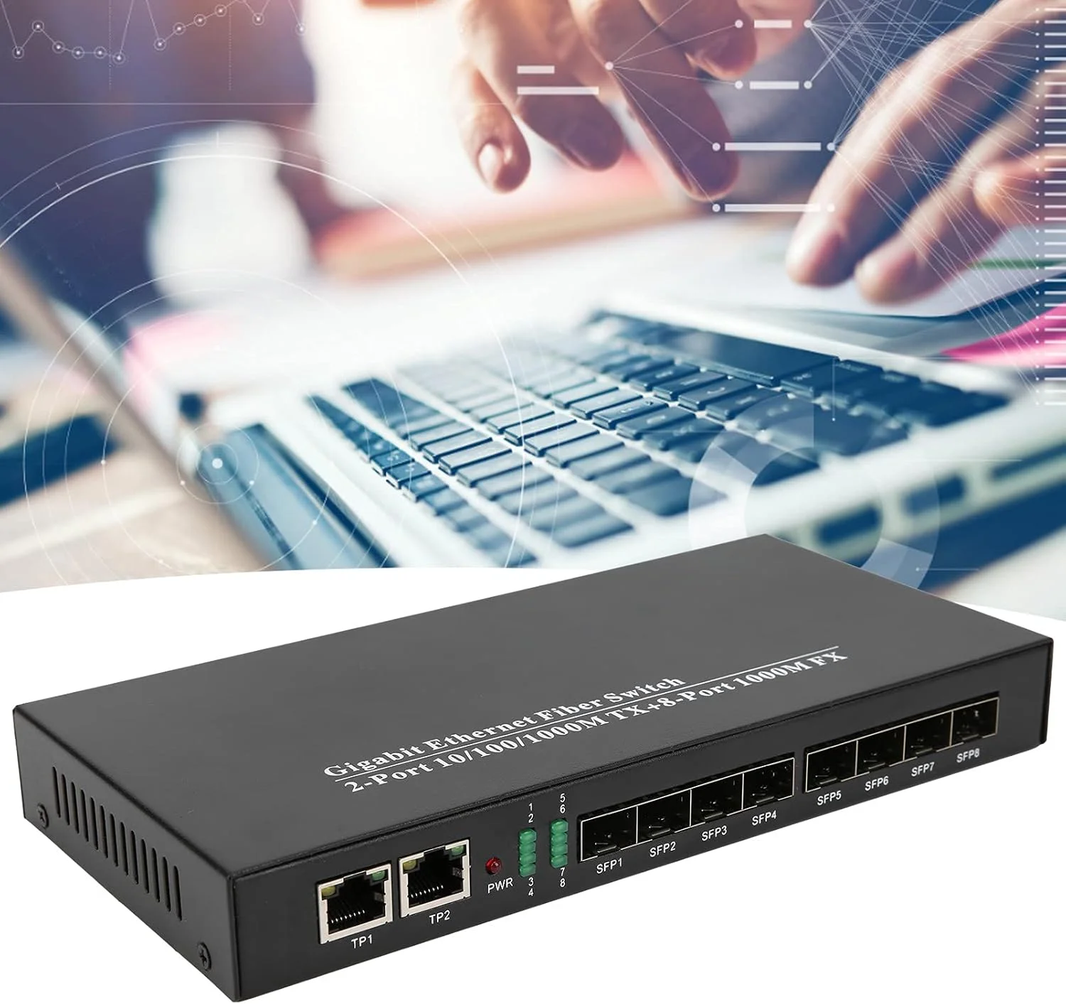 سوئیچ فیبر اترنت گیگابیتی 8F2G با فرستنده و گیرنده 1.25G و منبع تغذیه DC 5V/3A و سرعت 10/100/1000 مگابیت بر ثانیه