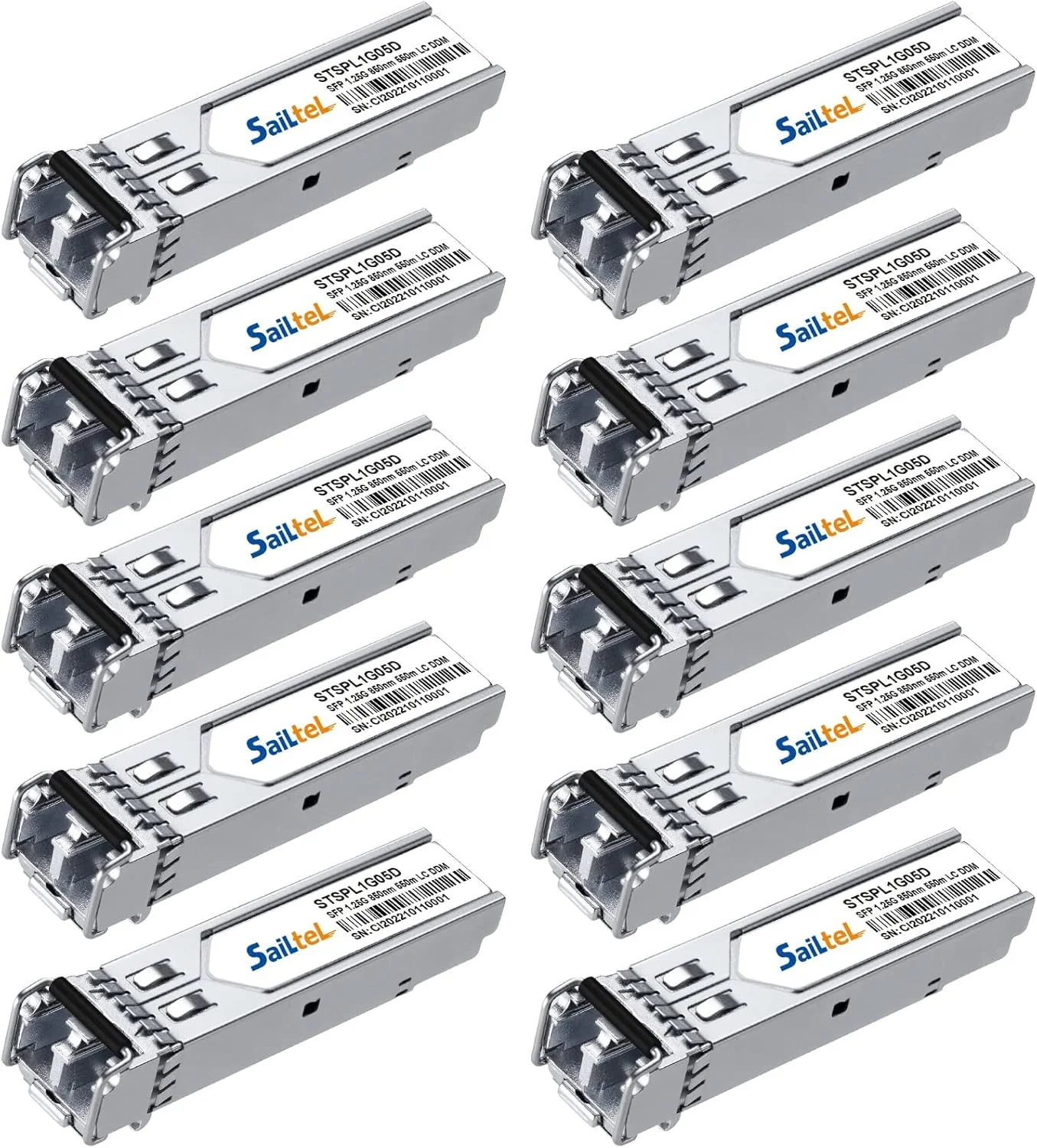 فرستنده و گیرنده 1.25G SFP 1000Base-SX، گیگابیتی چند حالته SFP LC Duplex، 850 نانومتر MMF، تا 550 متر، سازگار با سیسکو، یوبیکیوتی، میکروتیک، نت گیر، دی-لینک، لینکسیس و غیره (بسته 10 عددی)