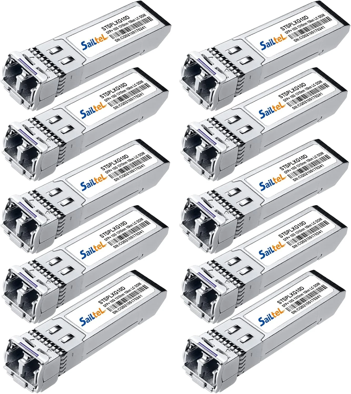 ماژول SFP+ LC تک حالته 10 گیگابیتی SaiLteL، 10G 1310nm SMF، تا 10 کیلومتر، DDM، فرستنده و گیرنده فیبر 10GBase-LR، سازگار با سیسکو، یوبیکویتی، میکروتیک، نت گیر، دی لینک، لینکسیس و غیره (بسته 10 عددی)