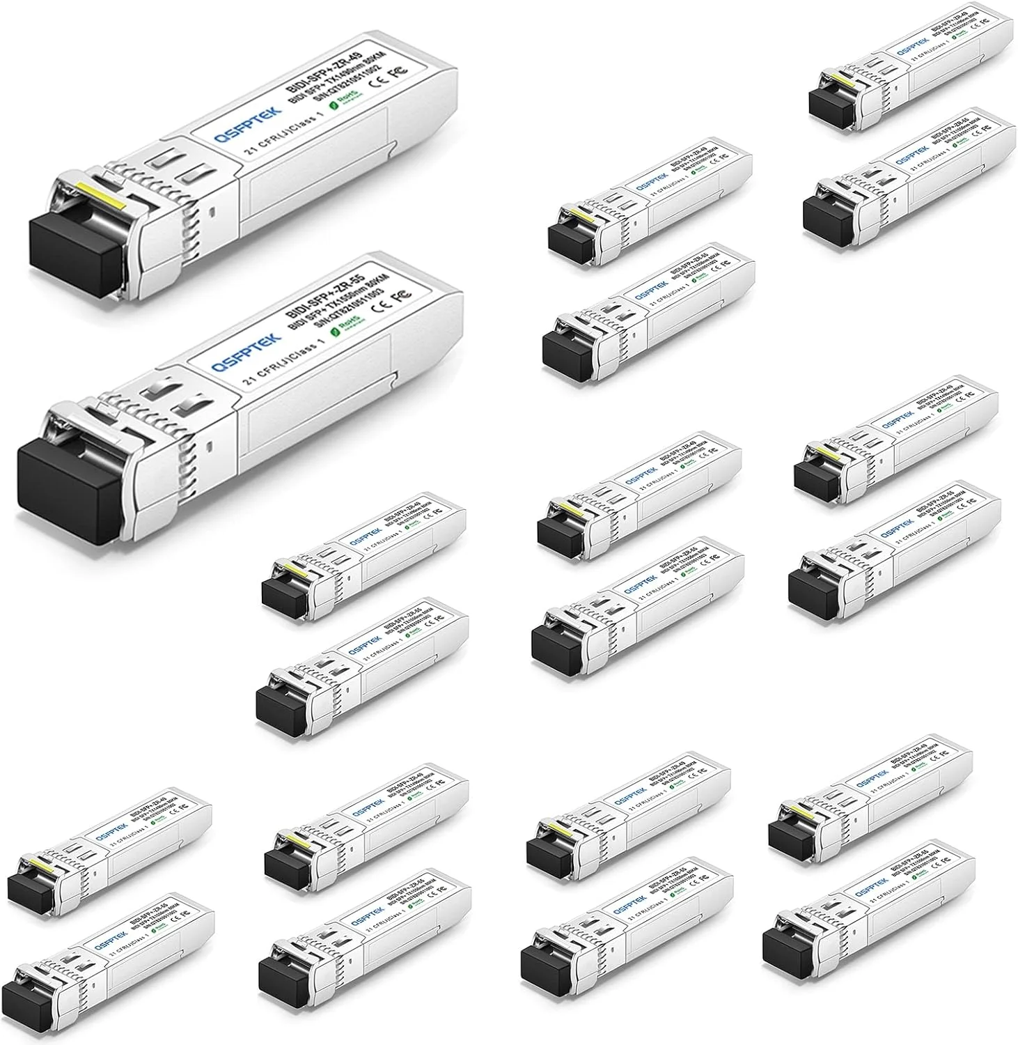 ماژول فرستنده و گیرنده دو طرفه QSFPTEK 10G SFP+ با کانکتور LC برای سیسکو SFP-10G-BX80U-I (1490nm-TX/1550nm-RX) و سیسکو SFP-10G-BX80D-I (1550nm-TX/1490nm-RX)، 80 کیلومتر، با DDM - بسته 10 عددی