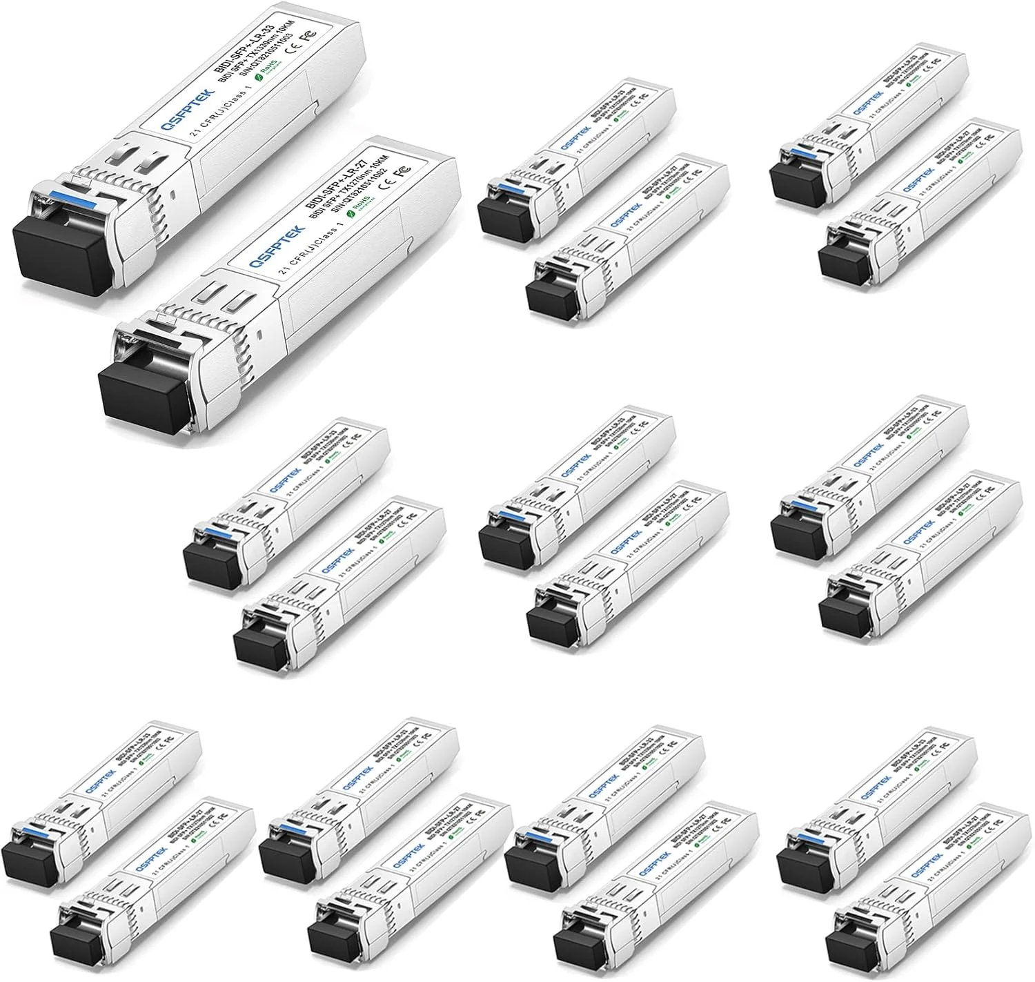 ماژول فرستنده-گیرنده دو طرفه QSFPTEK 10G SFP+ با کانکتور LC تک حالته برای سیسکو SFP-10G-BXD-I (1330nm-TX/1270nm-RX) / SFP-10G-BXU-I (1270nm-TX/1330nm-RX)، 10 کیلومتر، با DDM - بسته 10 عددی