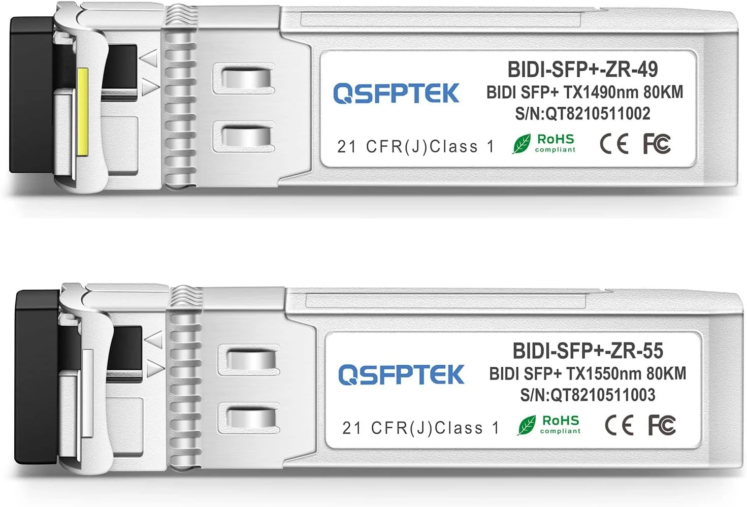 ماژول فرستنده و گیرنده دو طرفه QSFPTEK 10G SFP+ با کانکتور LC برای سیسکو SFP-10G-BX80U-I (1490nm-TX/1550nm-RX) و سیسکو SFP-10G-BX80D-I (1550nm-TX/1490nm-RX)، 80 کیلومتر، با DDM - بسته 10 عددی