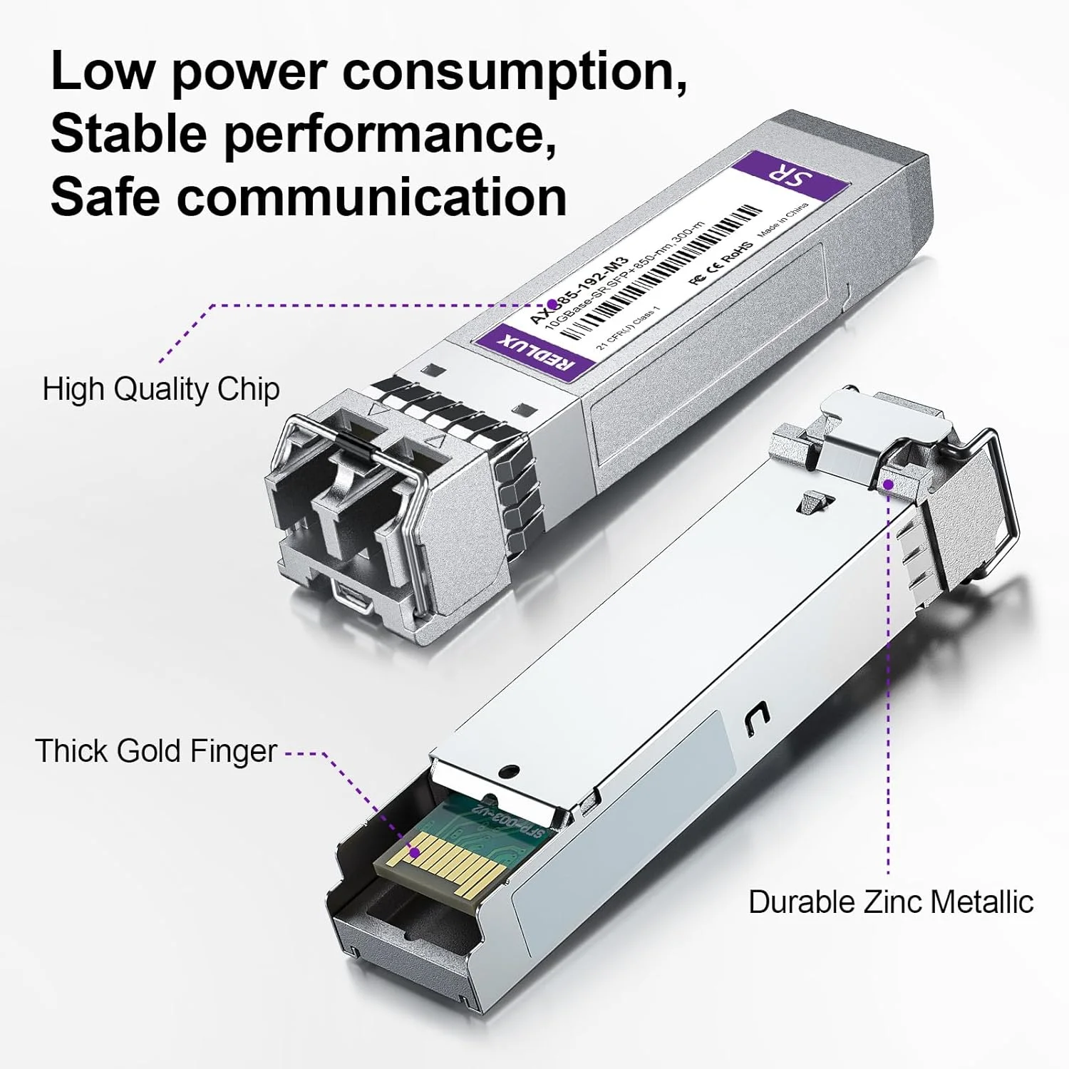 فرستنده و گیرنده REDLUX 10G SFP+، ماژول 10G-SR SFP+، 850 نانومتر MMF، کانکتور LC دوتایی، تا 300 متر، سازگار با Cisco SFP-10G-SR، Meraki، Ubiquiti UniFi UF-MM-10G، Fortinet، Netgear و غیره