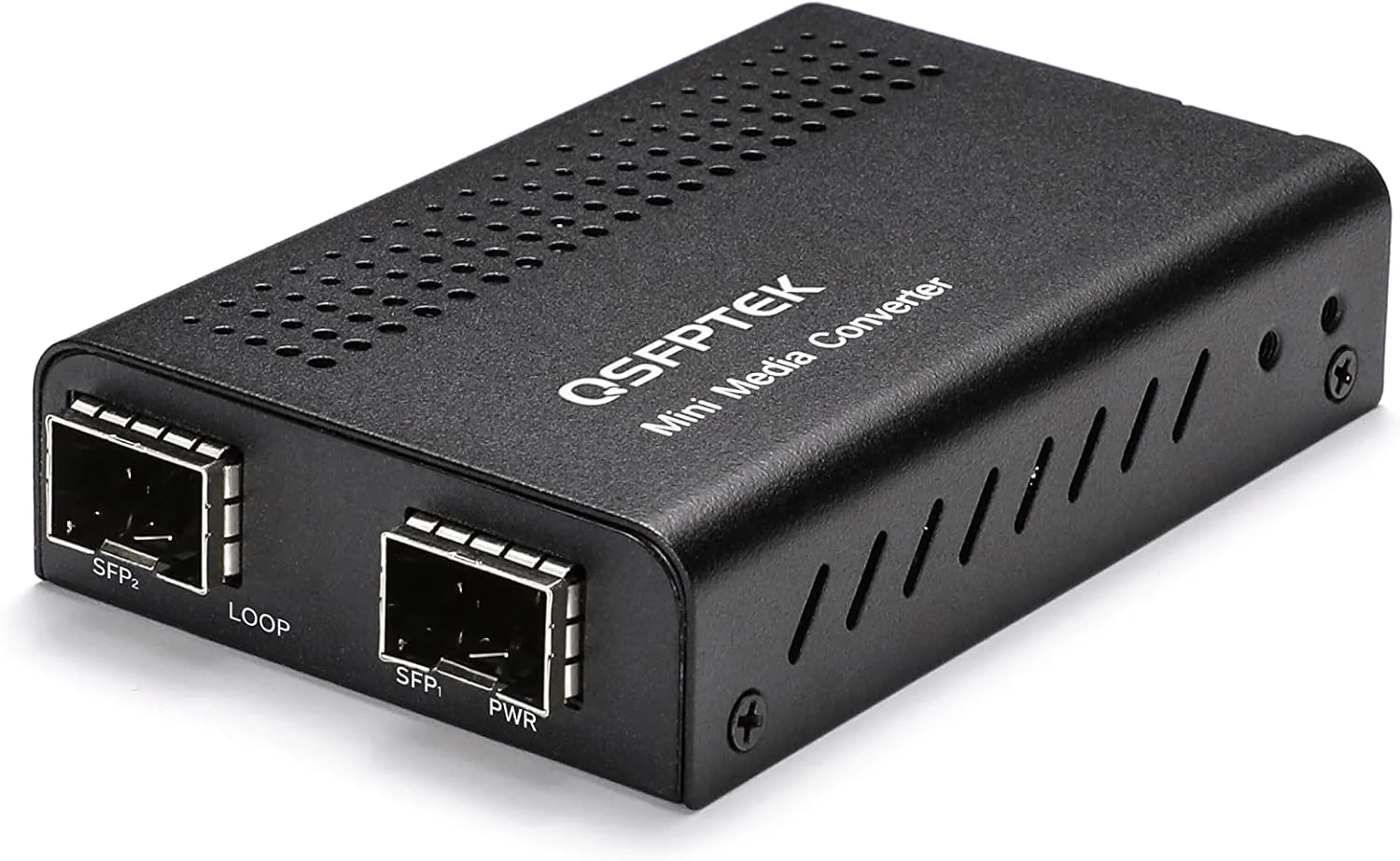 مبدل رسانه ای QSFPTEK 10G SFP+، مینی غیر مدیریتی 1x 10GBase-X به 1x 10GBase-X 2x اسلات باز SFP+، 10 گیگابیتی 10gbe SFP+ به SFP+، مبدل رسانه ای فیبر به فیبر، DC 5~12V، بدون فرستنده گیرنده