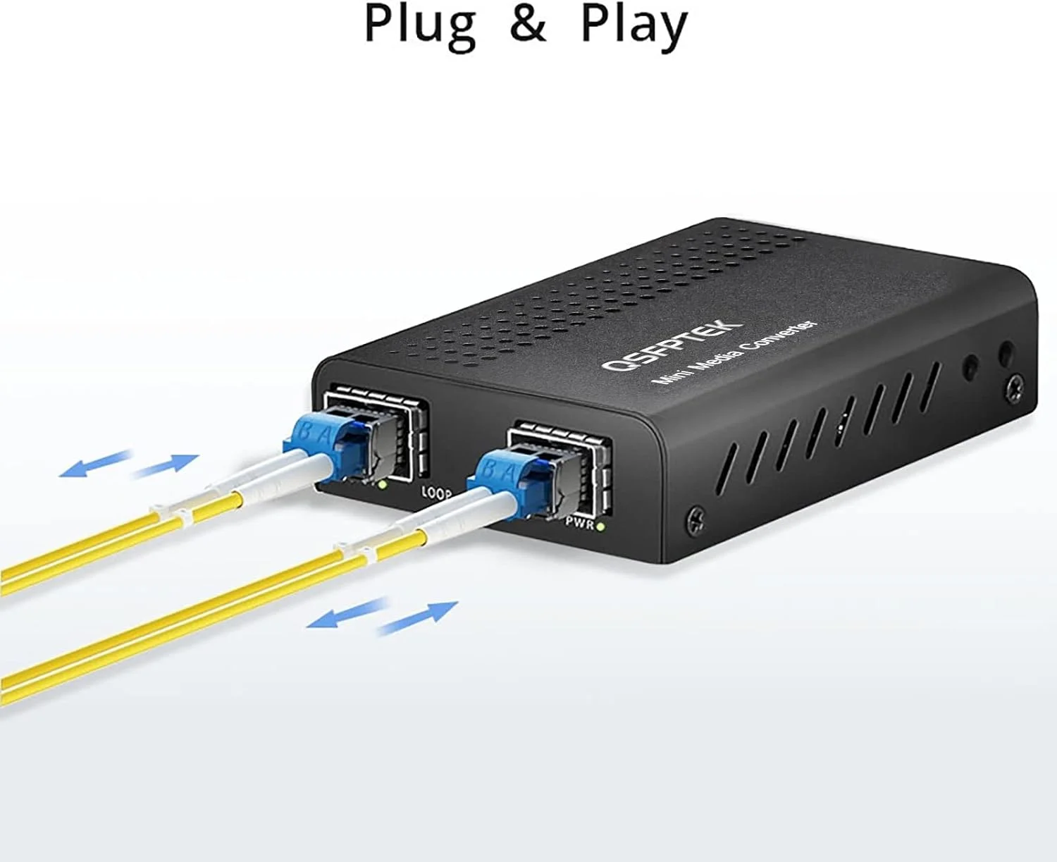 مبدل رسانه ای QSFPTEK 10G SFP+، مینی غیر مدیریتی 1x 10GBase-X به 1x 10GBase-X 2x اسلات باز SFP+، 10 گیگابیتی 10gbe SFP+ به SFP+، مبدل رسانه ای فیبر به فیبر، DC 5~12V، بدون فرستنده گیرنده