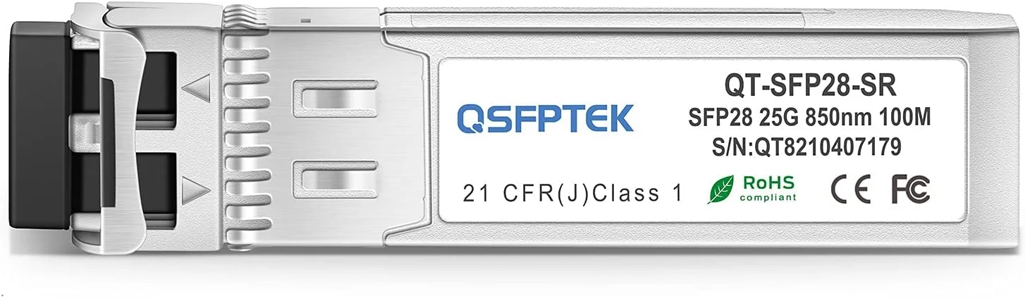 ماژول QSFPTEK 25G SFP28، فرستنده و گیرنده نوری 25GBASE-SR SFP، مینی gbic چند حالته VSEL+PIN برای Cisco SFP-25G-SR-S (850 نانومتر، 100 متر، با DDM)