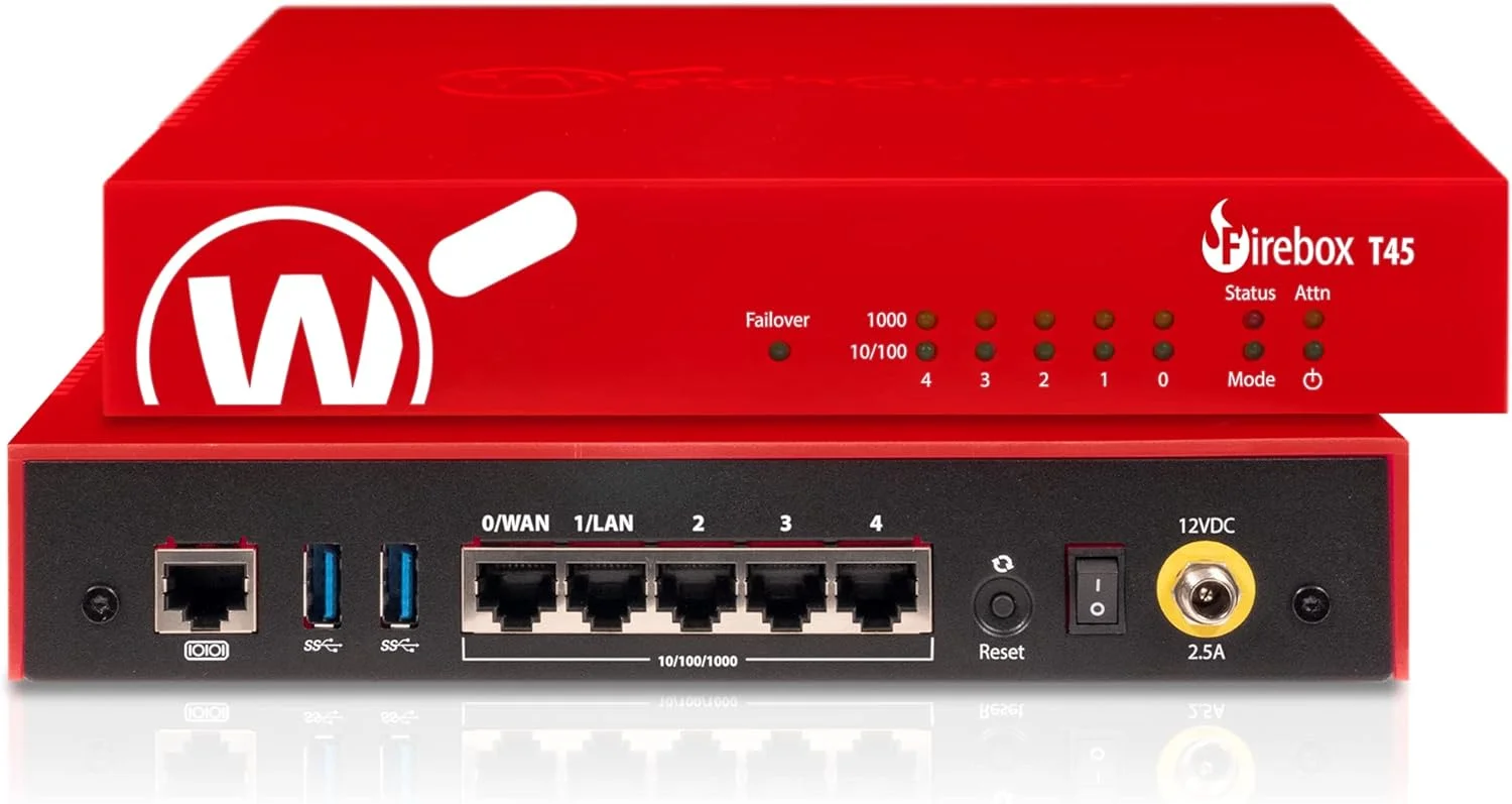 دستگاه امنیتی شبکه WatchGuard Firebox T45 با لایسنس پشتیبانی استاندارد 1 ساله - فایروال پیشرفته، VPN، جلوگیری از نفوذ (WGT45001)