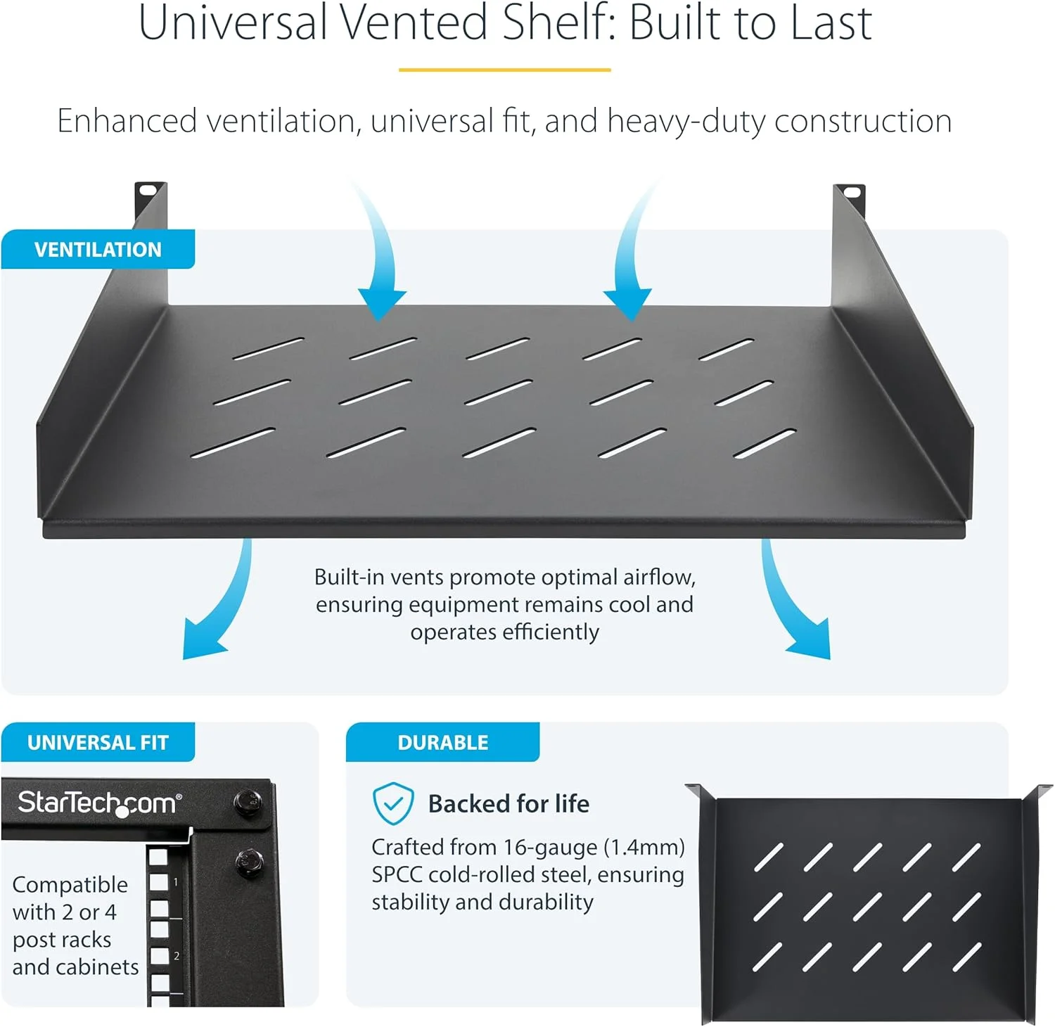 قفسه رک 2U استار تک، عمق نصب 12 اینچ، سینی یک طرفه منفذدار برای تجهیزات AV/شبکه 19 اینچی، ظرفیت 25 پوند، برای SOHO