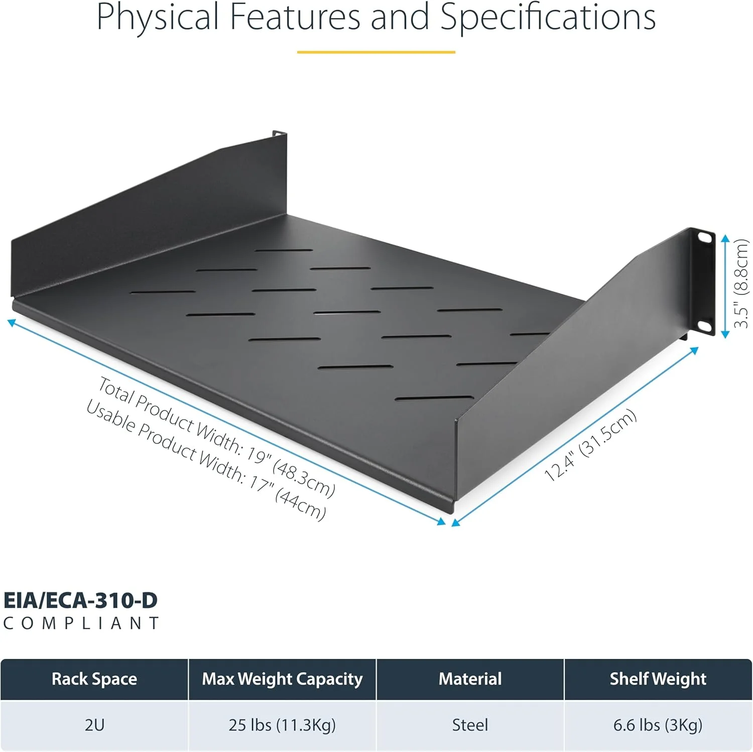 قفسه رک 2U استار تک، عمق نصب 12 اینچ، سینی یک طرفه منفذدار برای تجهیزات AV/شبکه 19 اینچی، ظرفیت 25 پوند، برای SOHO