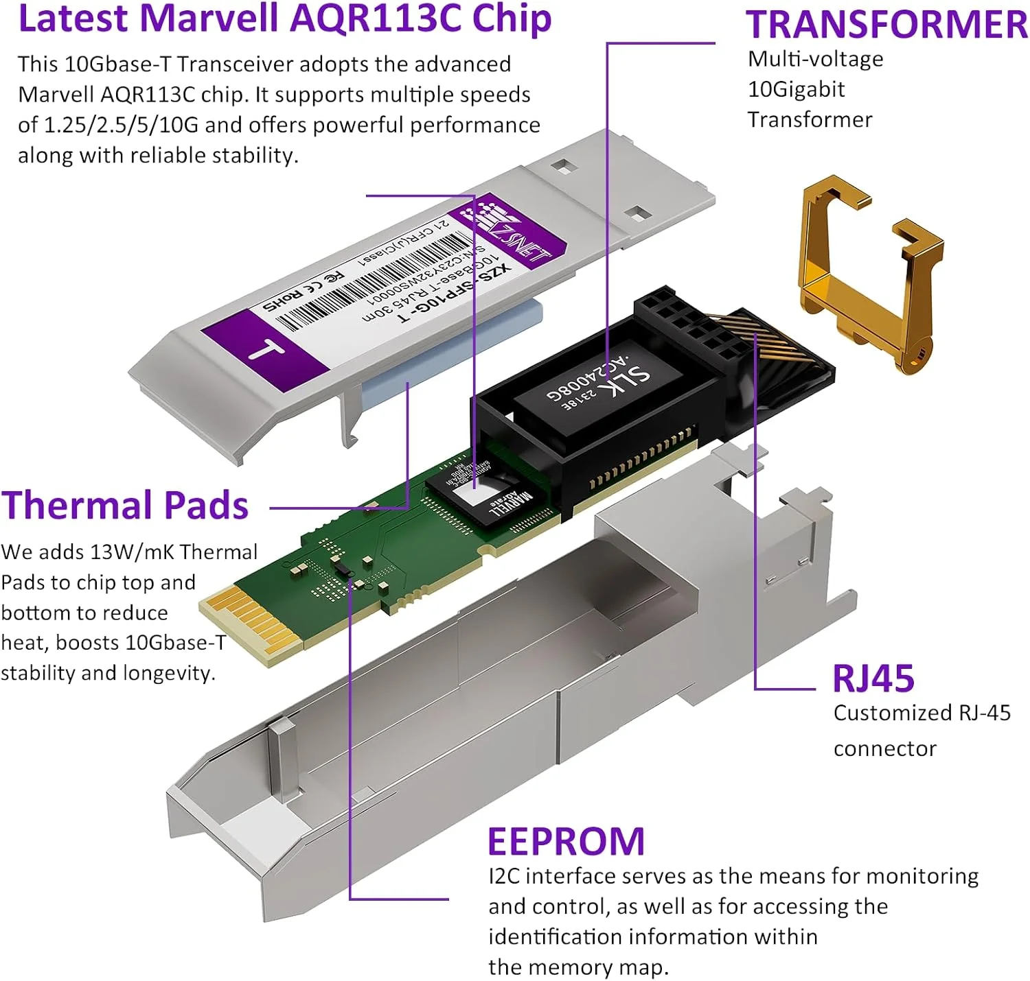 فرستنده و گیرنده 10GBASE-T SFP+، ماژول 1.25/2.5/5/10G SFP+ به RJ45، ماژول 10Gb Copper SFP+ به اترنت برای Cisco SFP-10G-T-S، Ubiquiti UniFi UF-RJ45-10G، Mikrotik، Meraki، Netgear، D-Link و غیره، 1 عدد
