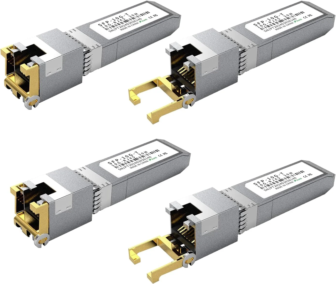 ماژول فرستنده و گیرنده مسی 4 عددی 10GBASE-T SFP+ RJ45، چند سرعته 1.25G/2.5G/5G/10G تا 30 متر - سازگار با TP-Link، Cisco SFP-10G-T-S، Ubiquiti UF-RJ45-10G، Netgear، Broadcom، Mikrotik و غیره