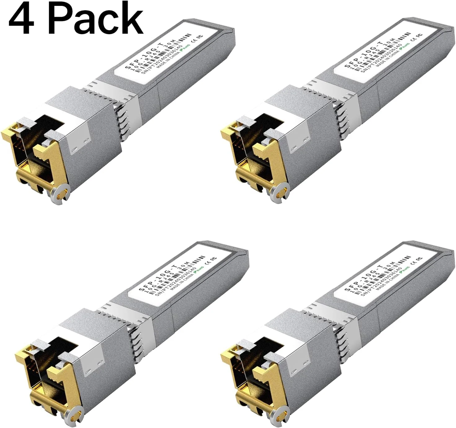 ماژول فرستنده و گیرنده مسی 4 عددی 10GBASE-T SFP+ RJ45، چند سرعته 1.25G/2.5G/5G/10G تا 30 متر - سازگار با TP-Link، Cisco SFP-10G-T-S، Ubiquiti UF-RJ45-10G، Netgear، Broadcom، Mikrotik و غیره