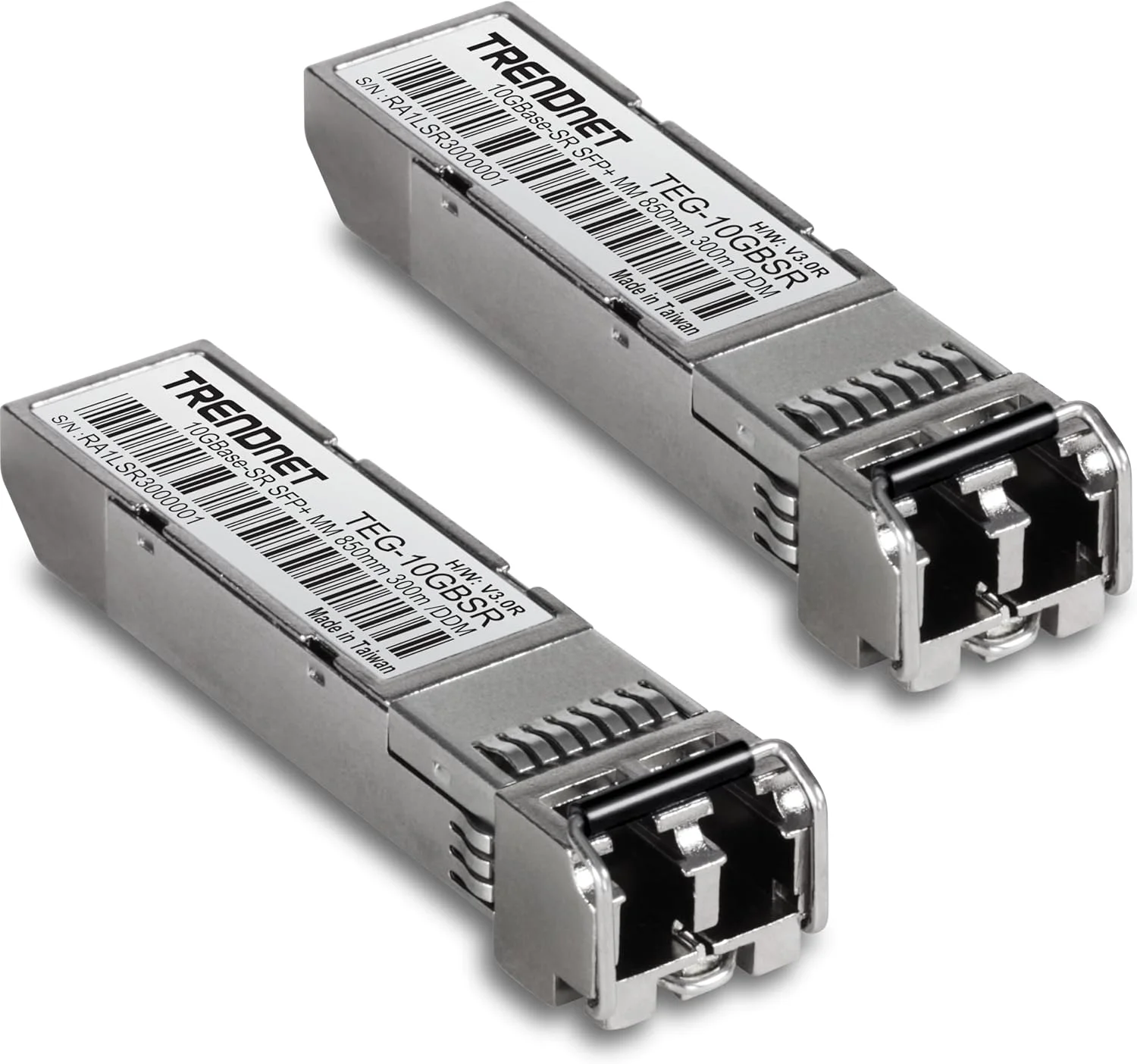 ماژول های فیبر نوری 10GBASE-SR SFP+ چند حالته LC ترندنت (بسته 2 عددی)، مدل TEG-10GBSR/2، پشتیبانی از فاصله تا 300 متر، فرستنده و گیرنده فیبر نوری SFP+ با قابلیت تعویض سریع، طول موج 850 نانومتر، نقره ای