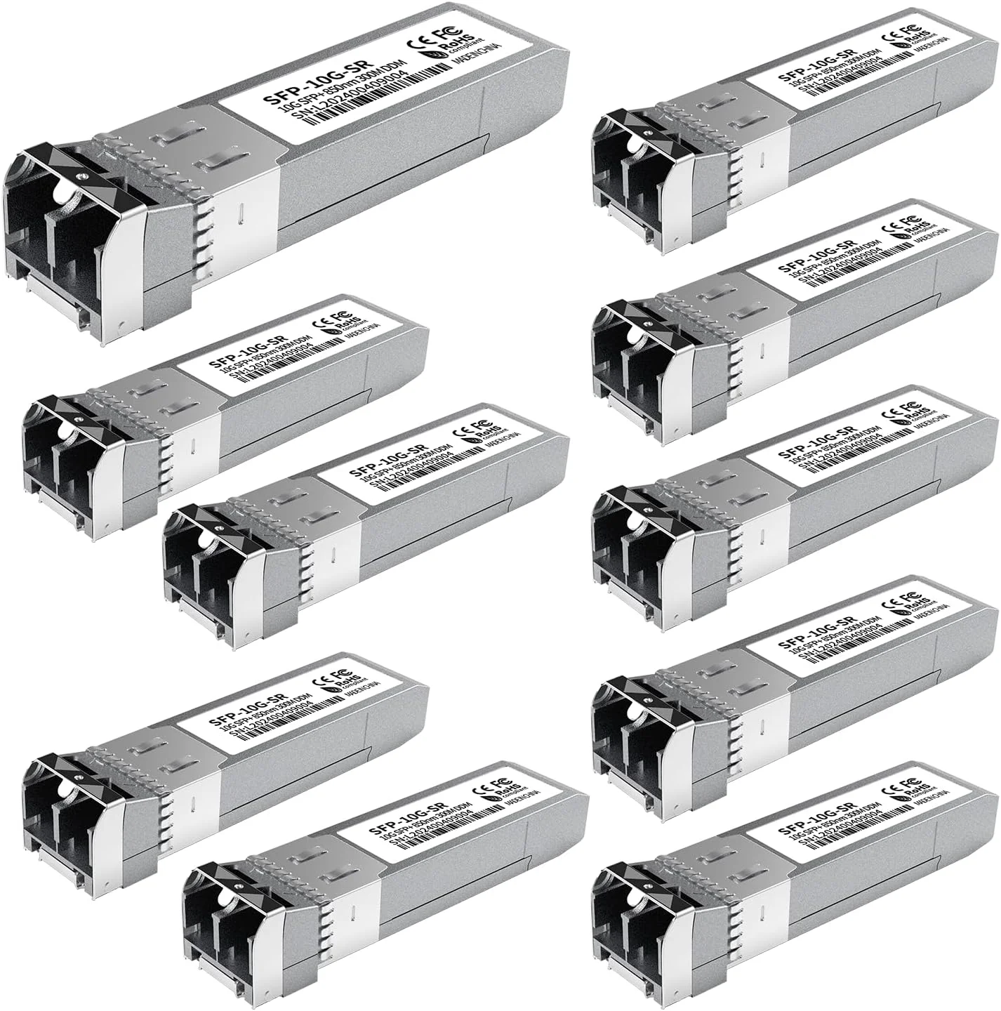 ماژول 10Pack 10GBase-SR SFP+، فرستنده و گیرنده اترنت LC چند حالته، 10G 850nm MMF تا 400 متر، سازگار با سیسکو SFP-10G-SR، مراکی، یوبیکیوتی UF-MM-10G، میکروتیک، نت گیر، تی پی-لینک، آروبا و غیره