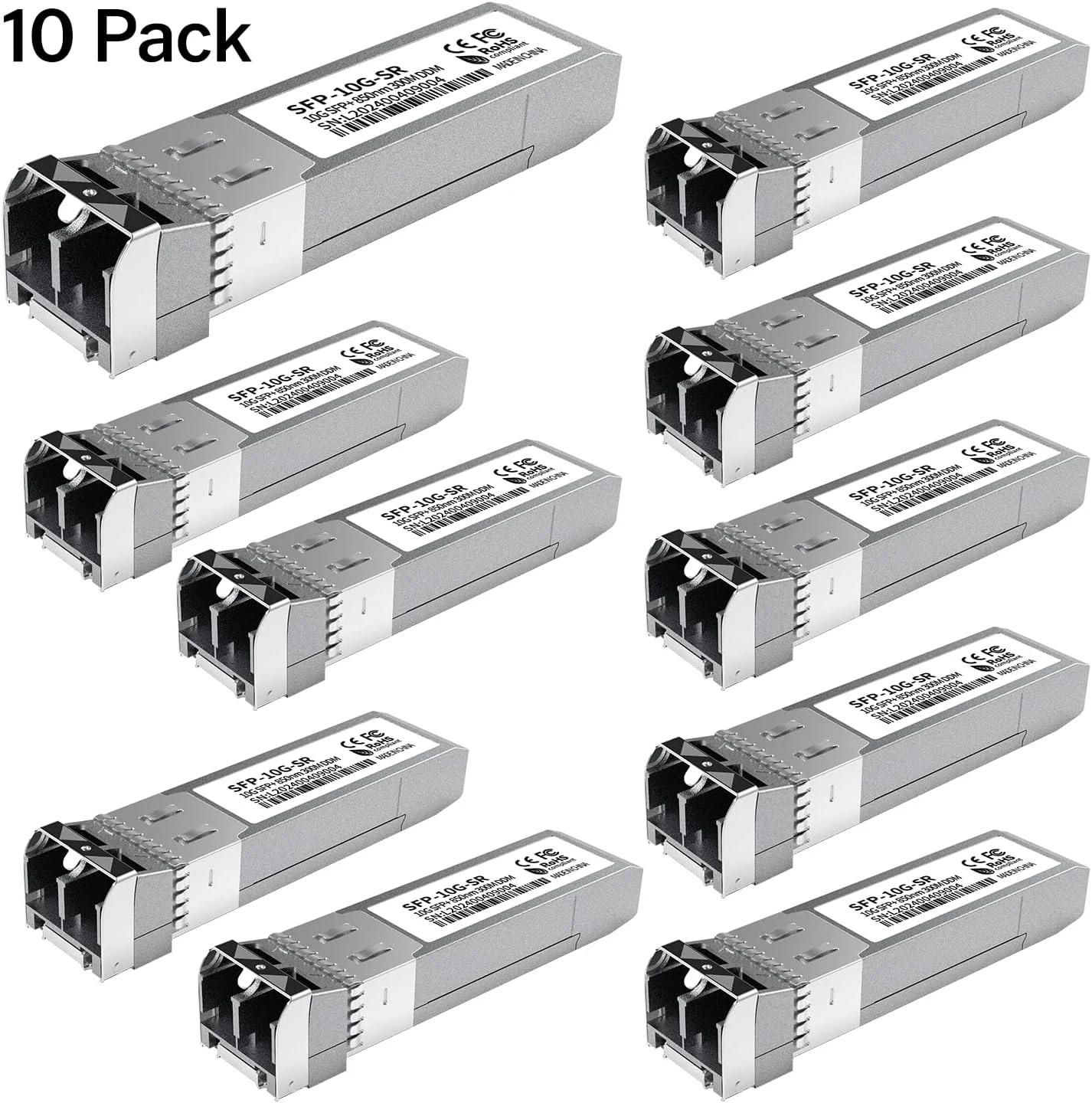 ماژول 10Pack 10GBase-SR SFP+، فرستنده و گیرنده اترنت LC چند حالته، 10G 850nm MMF تا 400 متر، سازگار با سیسکو SFP-10G-SR، مراکی، یوبیکیوتی UF-MM-10G، میکروتیک، نت گیر، تی پی-لینک، آروبا و غیره