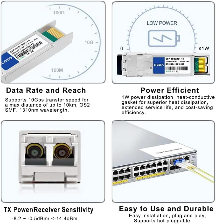 فرستنده و گیرنده 10GBase-LR SFP+، ماژول فیبر نوری 10G Single Mode SFP+ به LC، سازگار با سیسکو، یوبیکیوتی UniFi UF-SM-10G، مراکی MA-SFP-10GB-LR، نت گیر، میکروتیک، دی-لینک و غیره، 1310 نانومتر، 10 کیلومتر