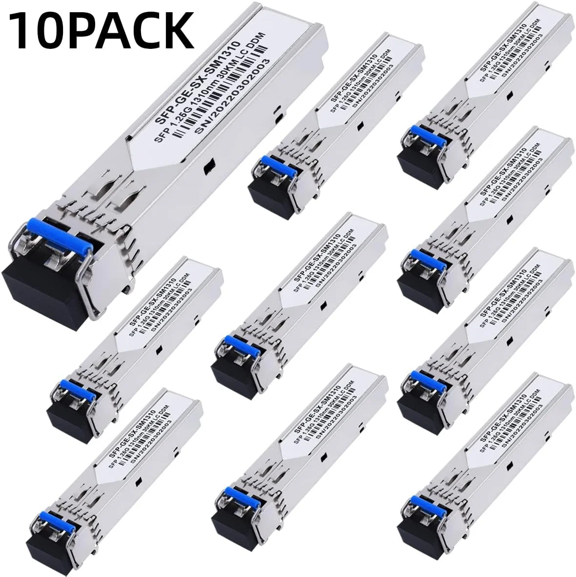 بسته 10 عددی ماژول SFP 1.25G 1000Base-LX (فیبر تک حالته، 1310 نانومتر، 20 کیلومتر، DDM) فرستنده و گیرنده برای سیسکو GLC-LH-SMD، یوبیکیوتی UniFi، مراکی MA-SFP-1GB-LX10، Fortinet، میکروتیک، تی پی-لینک، نت گیر، TL-SM311LS، دی-لینک، اینتل