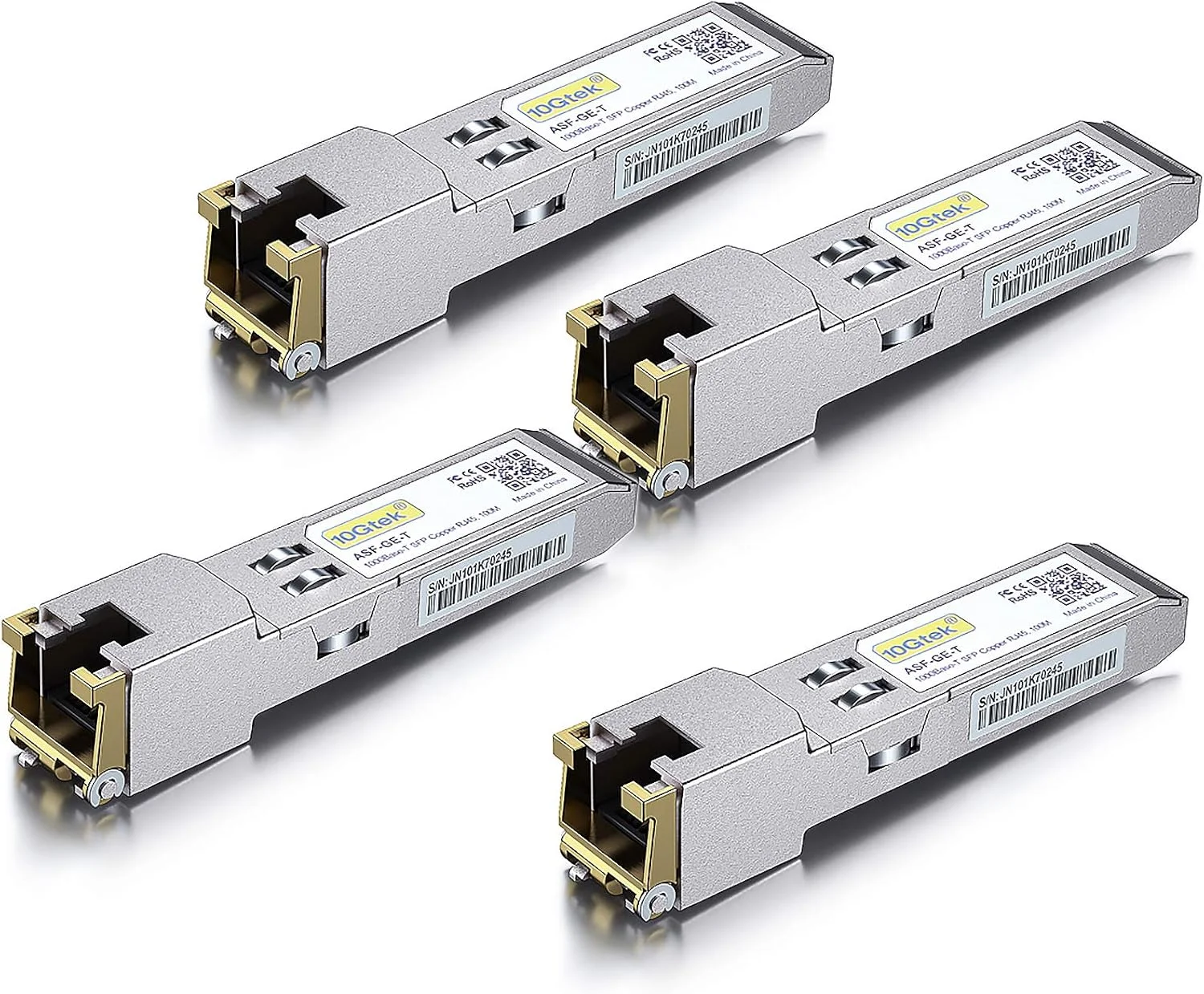 10Gtek ماژول فرستنده و گیرنده SFP مدل GLC-T/SFP-GE-T 1000Base-T با کانکتور RJ45، بسته 4 عددی، سازگار با سیسکو