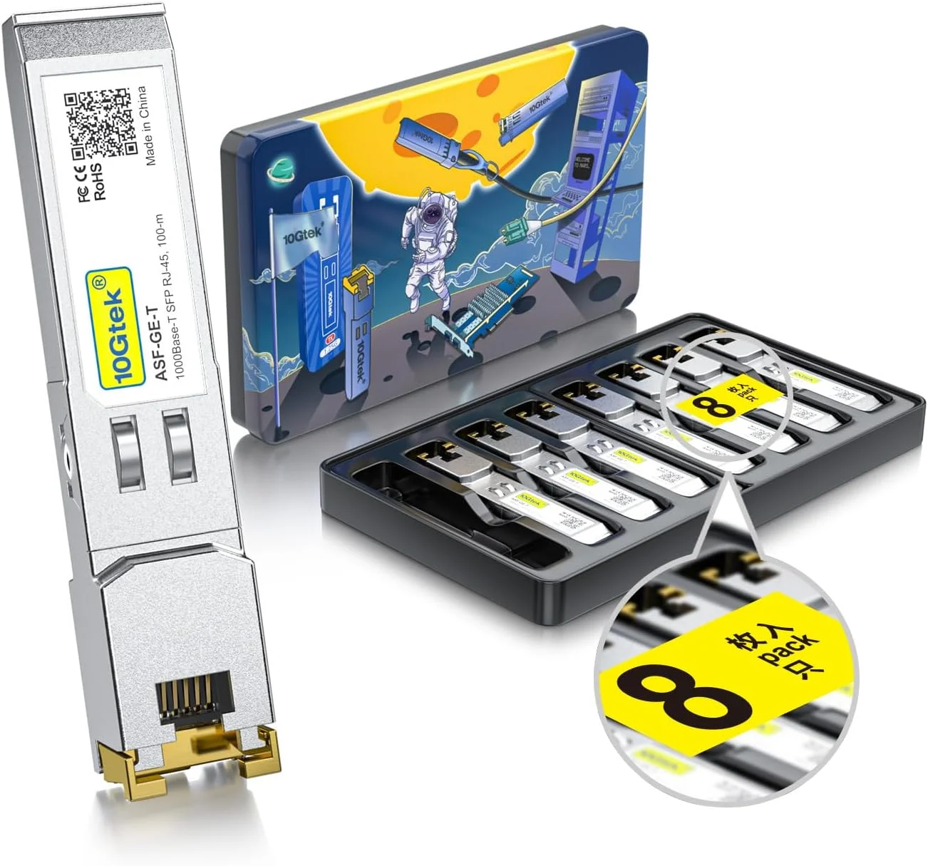 ماژول اترنت مسی 10Gtek SFP به RJ45 1000BASE-T، فرستنده و گیرنده گیگابیتی SFP-T برای سیسکو SFP-GE-T، مراکی، فورتینت، یوبیکویتی UniFi UF-RJ45-1G، دی-لینک، سوپرمیکرو، نت گیر، تی پی-لینک، بسته 8 عددی