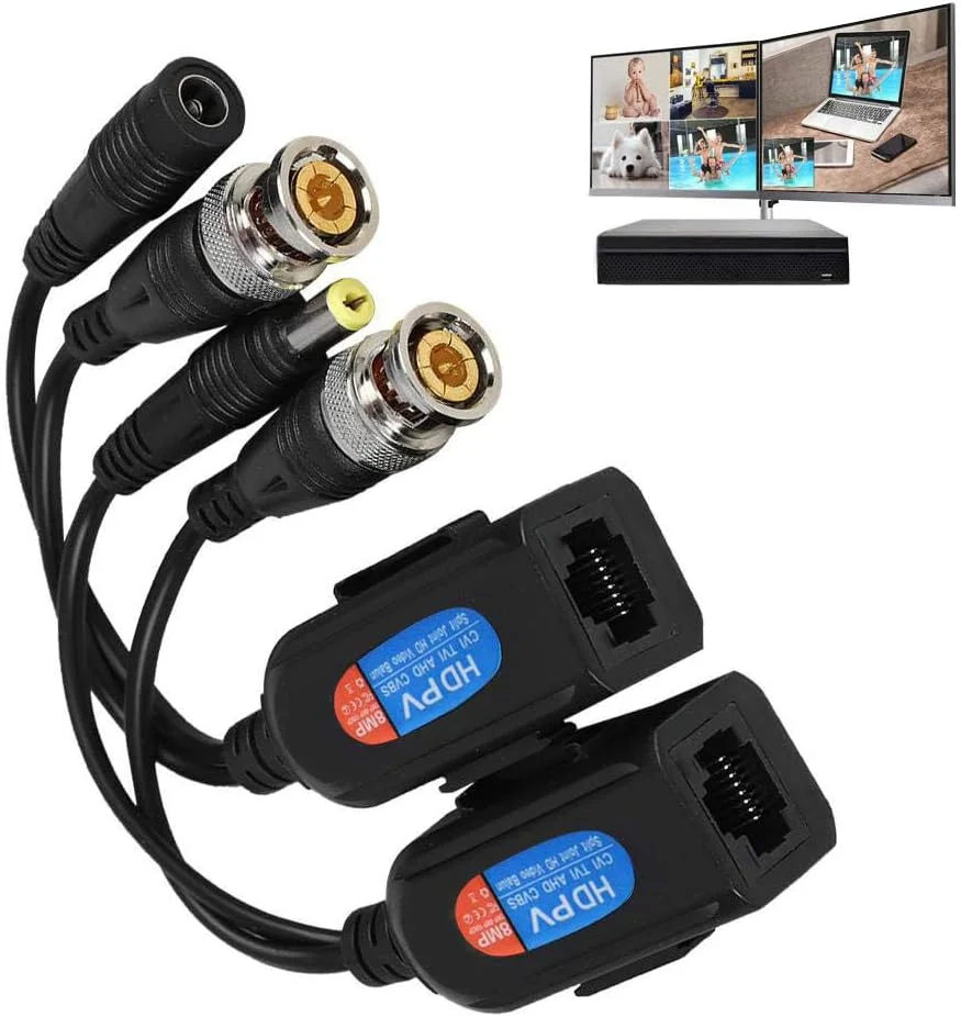 مبدل غیرفعال ویدئویی HD Cat5 RJ45 به BNC با اتصال برق برای دوربین های HD-CVI/TVI/AHD/CVBS/960H با رزولوشن 720P 1080P 3MP 4MP 5MP 8MP