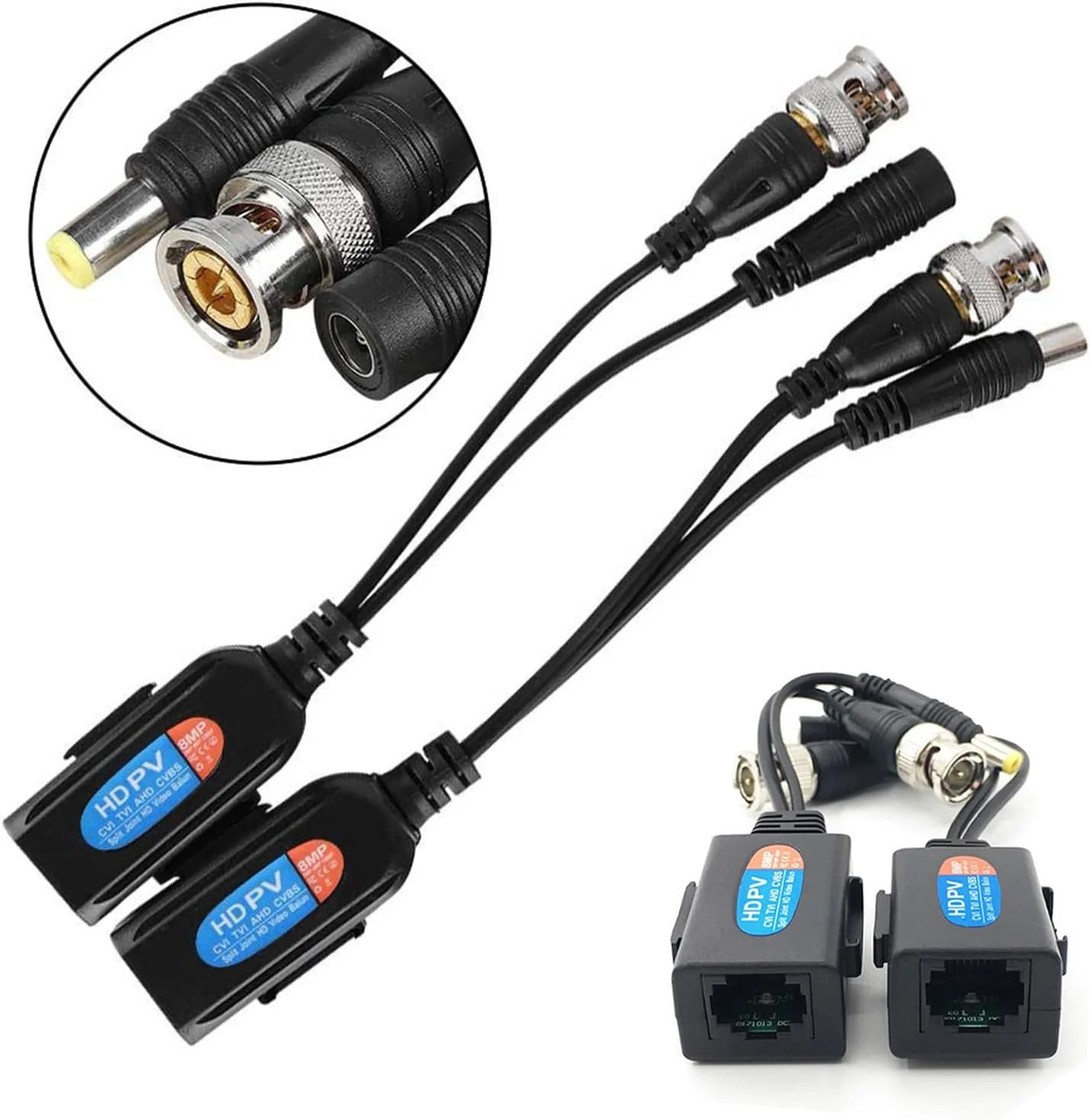 مبدل غیرفعال ویدئویی HD Cat5 RJ45 به BNC با اتصال برق برای دوربین های HD-CVI/TVI/AHD/CVBS/960H با رزولوشن 720P 1080P 3MP 4MP 5MP 8MP