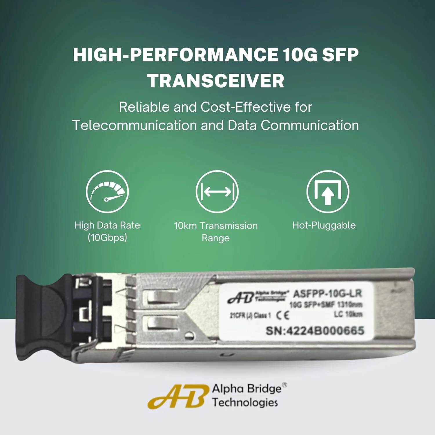 ماژول فیبر نوری 10G LR آلفا بریج مدل ASFPP-10G-LR | کانکتور LC Duplex | 1310nm | برد 10 کیلومتر | Plug & Play | فرستنده و گیرنده نوری تک حالته | سازگار با سیسکو، میکروتیک، یوبیکیوتی و غیره