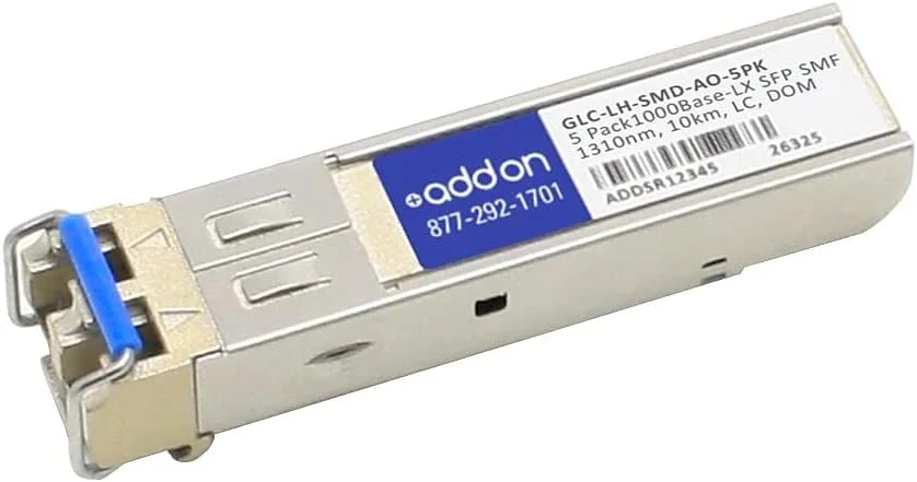 محصولات کامپیوتری AddOn - بسته 5 عددی فرستنده و گیرنده SFP سازگار با Cisco GLC-LH-SMD، منطبق با TAA، 1000Base-Lx (Smf, 1310Nm, 10km, LC, DOM)