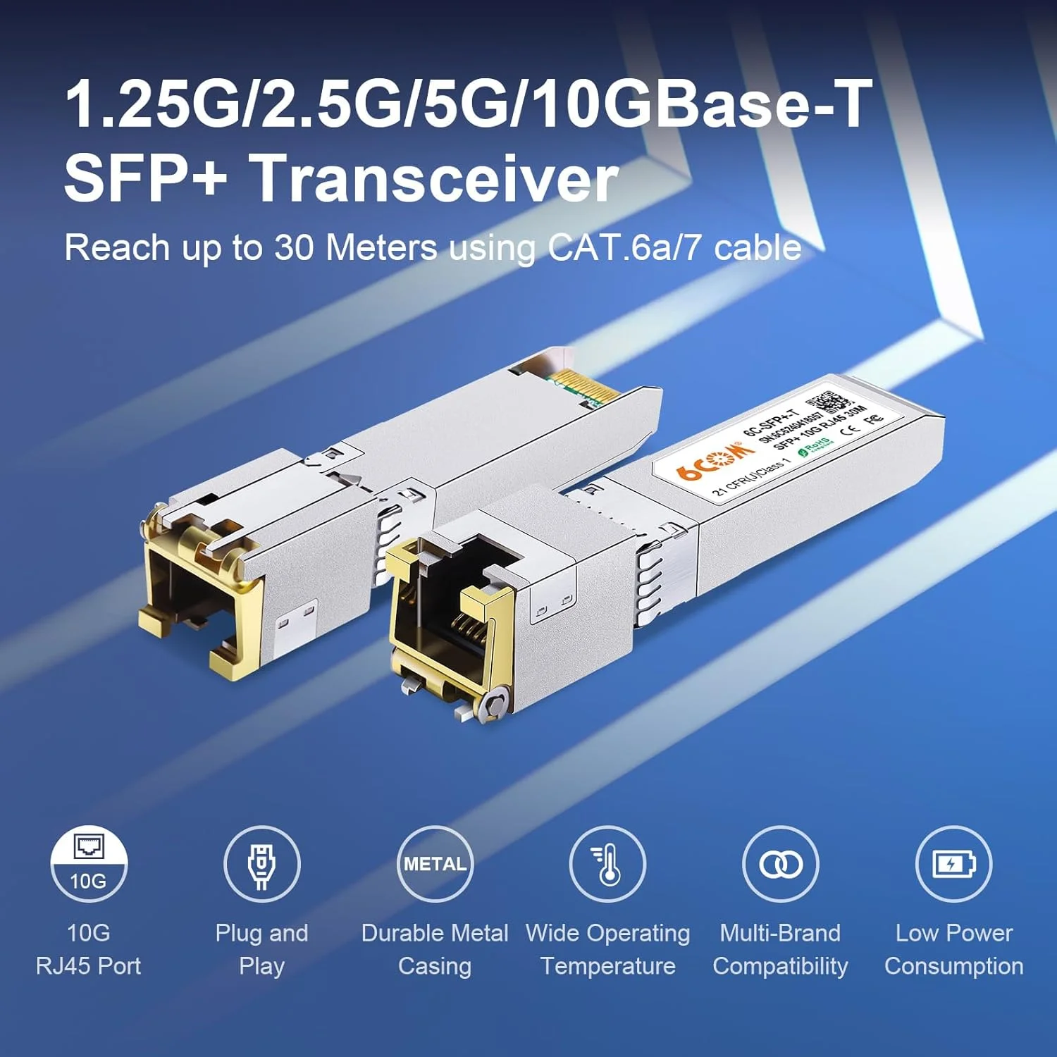 ماژول مسی SFP+ به RJ45 6COMGIGA، فرستنده و گیرنده 10GBase-T برای سیسکو SFP-10G-T-S، یوبیکیوتی، دی-لینک، سوپرمیکرو، نت گیر، میکروتیک، تا 30 متر