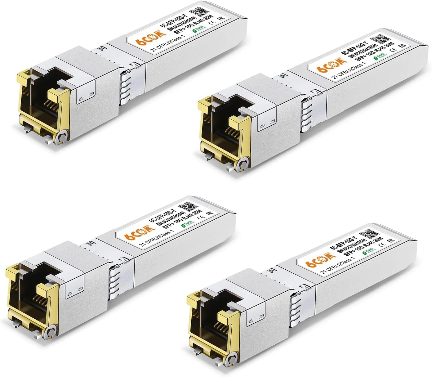 مجموعه چهارتایی فرستنده و گیرنده 10GBase-T SFP+ مدل 6COM، ماژول مسی 10G SFP+ به RJ45، سازگار با Cisco SFP-10G-T-S، Ubiquiti UF-RJ45-10G، Fortinet، Netgear، Mikrotik، TP-Link (CAT.6a/7، 30 متر)