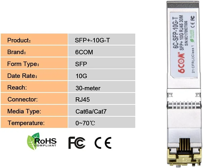 6COM ترنسیور مسی 10GBase-T SFP+ 10 گیگابیتی RJ45 برای سیسکو SFP-10G-T-S، 30 متر