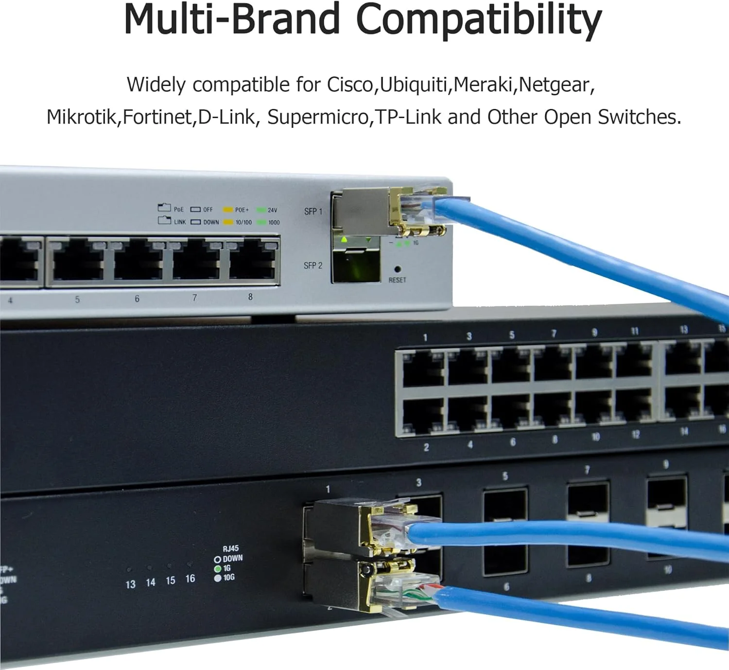 مجموعه چهارتایی فرستنده و گیرنده 10GBase-T SFP+ مدل 6COM، ماژول مسی 10G SFP+ به RJ45، سازگار با Cisco SFP-10G-T-S، Ubiquiti UF-RJ45-10G، Fortinet، Netgear، Mikrotik، TP-Link (CAT.6a/7، 30 متر)