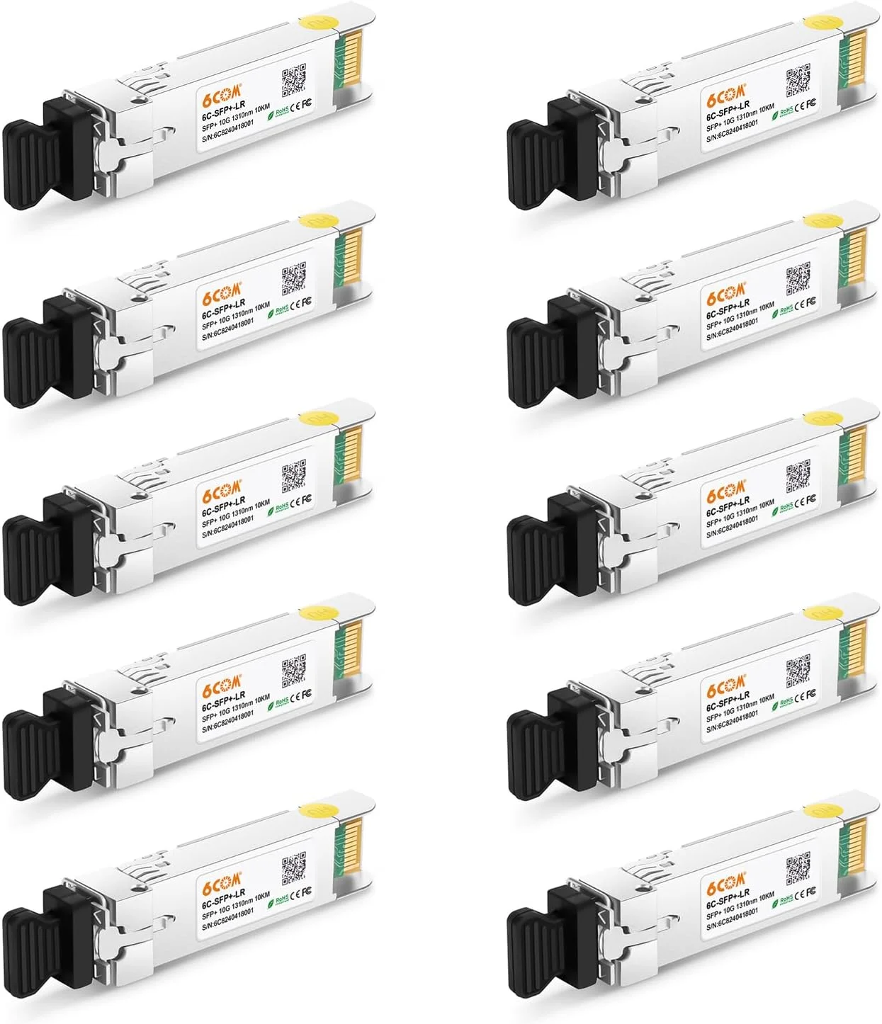 ماژول فرستنده-گیرنده 6COM 10Pack 10GBase-LR SFP+، ماژول سینگل مود 10G LC برای سیسکو SFP-10G-LR، Meraki MA-SFP-10GB-LR، Ubiquiti UF-SM-10G، Mikrotik، D-Link، Supermicro، Netgear DDM، 1310nm، 10km