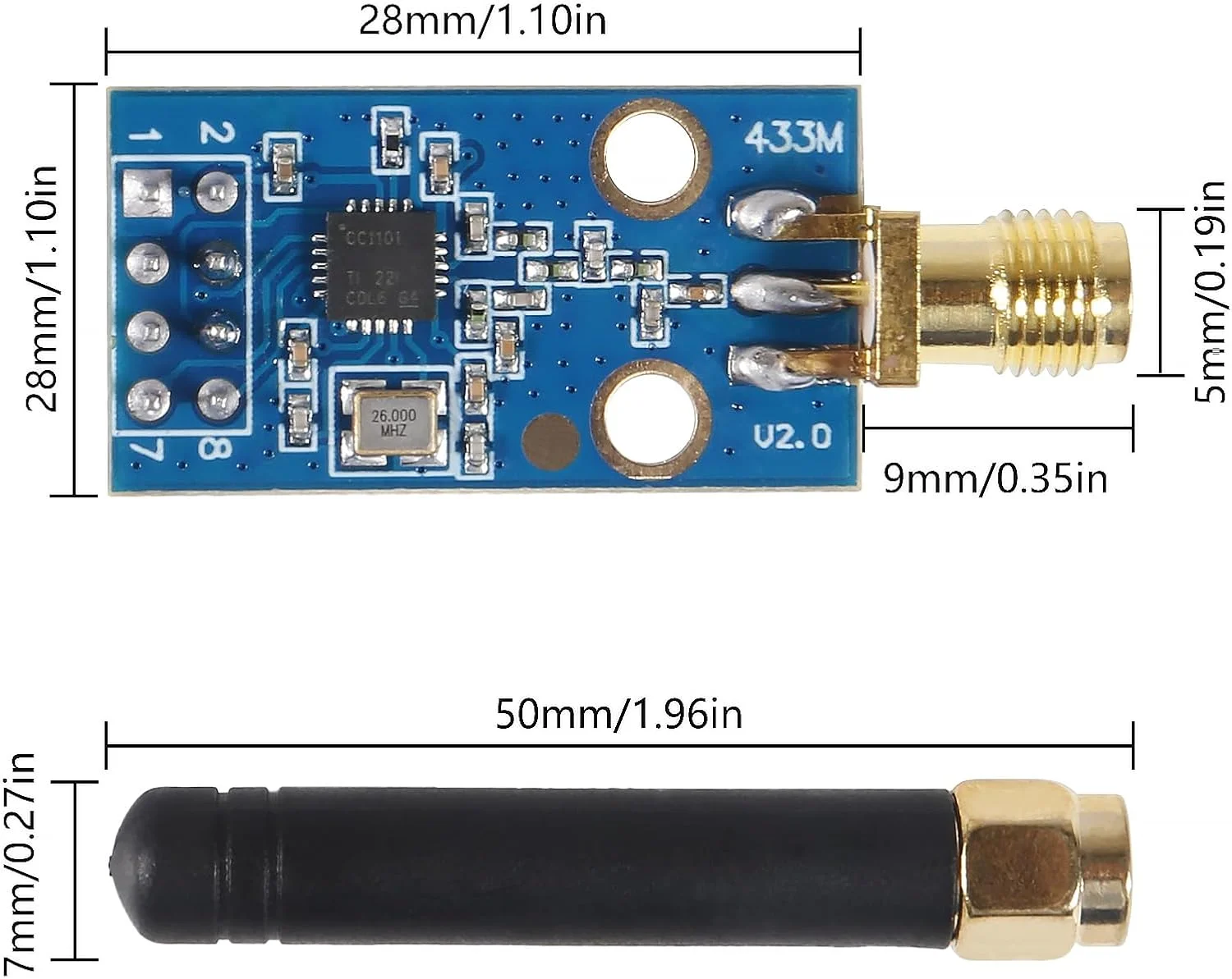 ماژول بی‌سیم CC1101 با آنتن SMA، ماژول فرستنده و گیرنده بی‌سیم 315/433/868/915 مگاهرتز