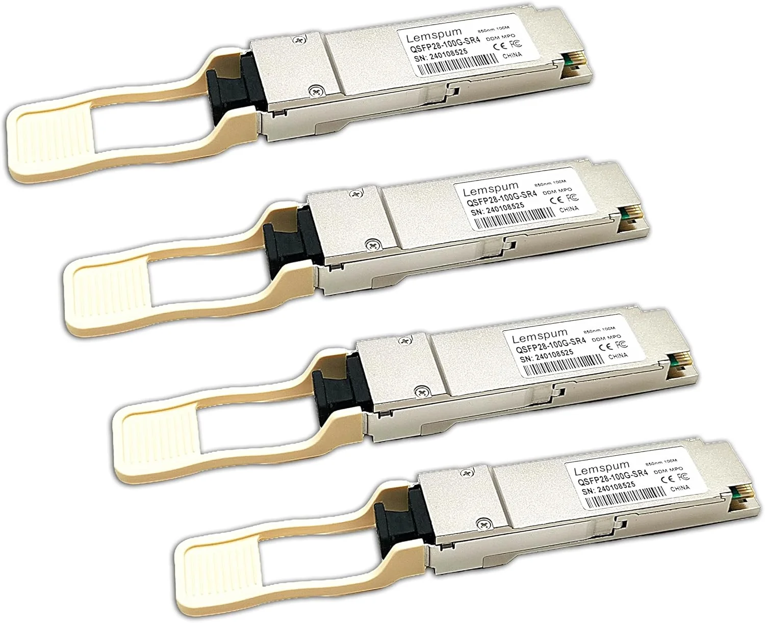 ماژول چندحالته 100G SR QSFP28، 4 عددی، 100GBASE-SR4 850nm 100m DOM MPO-12/UPC MMF فرستنده و گیرنده نوری، پشتیبانی از 4 x 25G-SR سازگار با Juniper JNP-QSFP-100G-SR4، Arista/Brocade/Dell SFP-100G-SR4 و غیره.