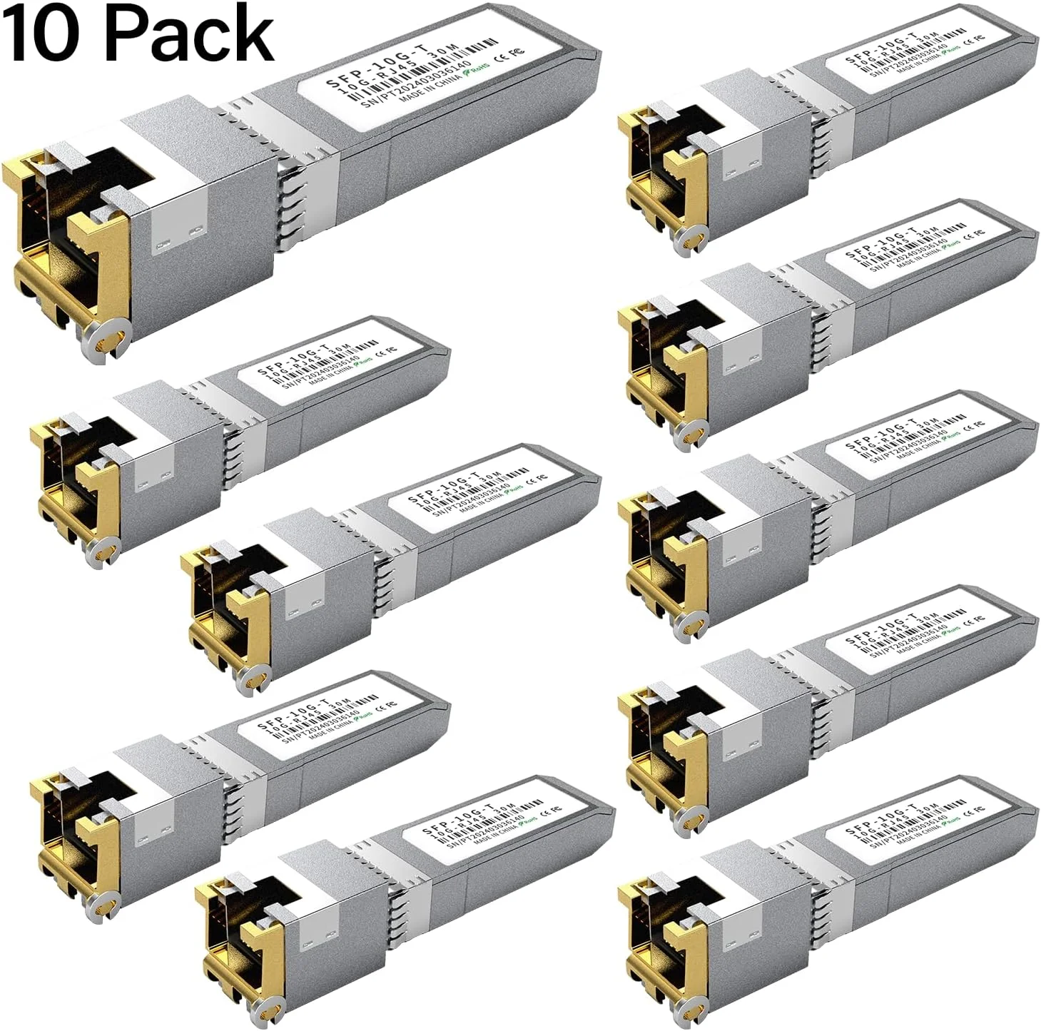 ماژول فرستنده و گیرنده مسی 10GBASE-T SFP+ RJ45، چند نرخی 1.25G/2.5G/5G/10G تا 30 متر - سازگار با TP-Link، Cisco SFP-10G-T-S، Ubiquiti UF-RJ45-10G، Netgear، Broadcom، Mikrotik و غیره (10 عدد)