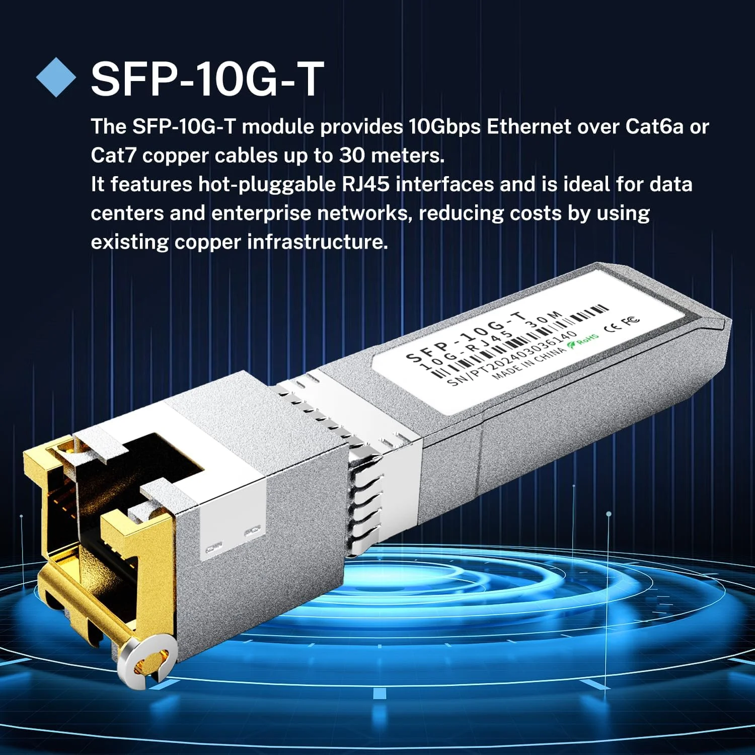 ماژول فرستنده و گیرنده مسی 10GBASE-T SFP+ RJ45، چند نرخی 1.25G/2.5G/5G/10G تا 30 متر - سازگار با TP-Link، Cisco SFP-10G-T-S، Ubiquiti UF-RJ45-10G، Netgear، Broadcom، Mikrotik و غیره (10 عدد)