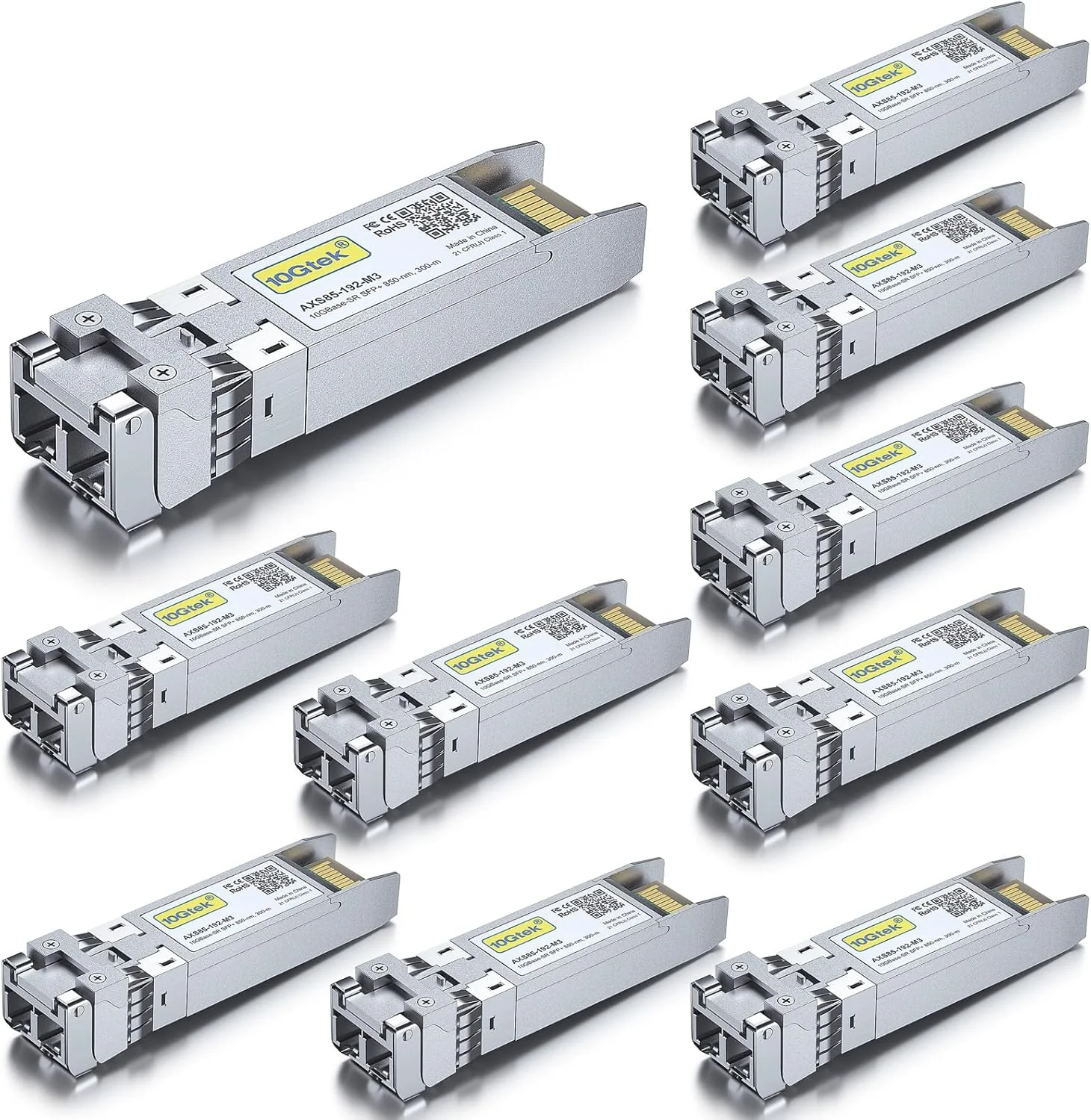 10Gtek برای سیسکو SFP-10G-SR، ماژول فرستنده و گیرنده SFP+ با سرعت 10 گیگابیت بر ثانیه، 10GBASE-SR، MMF، 850 نانومتر، 300 متر، بسته 10 عددی