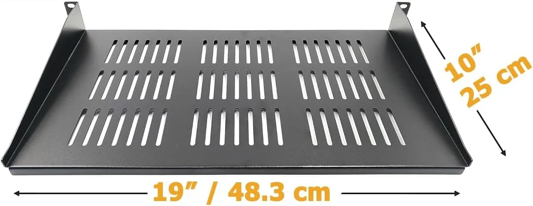 بسته 2 عددی قفسه طره ای منفذدار 1U، نصب رک 19 اینچی، فولاد بادوام برای تجهیزات شبکه، عمق 10 اینچ (25 سانتی متر)، مشکی