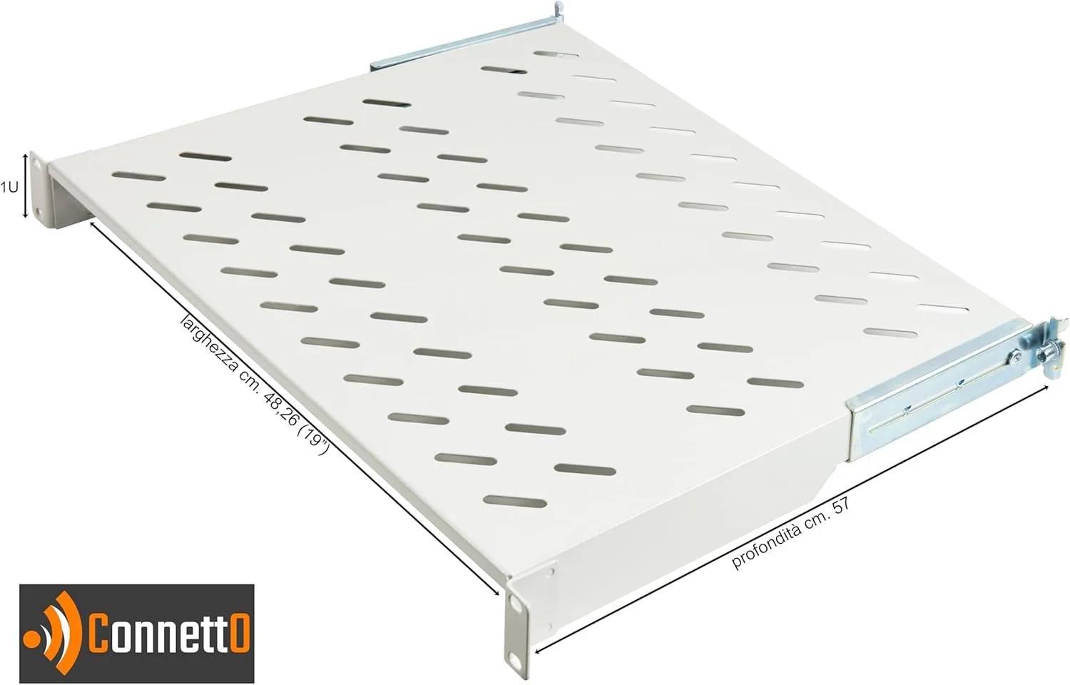 طبقه یونیورسال برای رک 19 اینچی قابل گسترش 570 میلی‌متری با 4 توری خاکستری